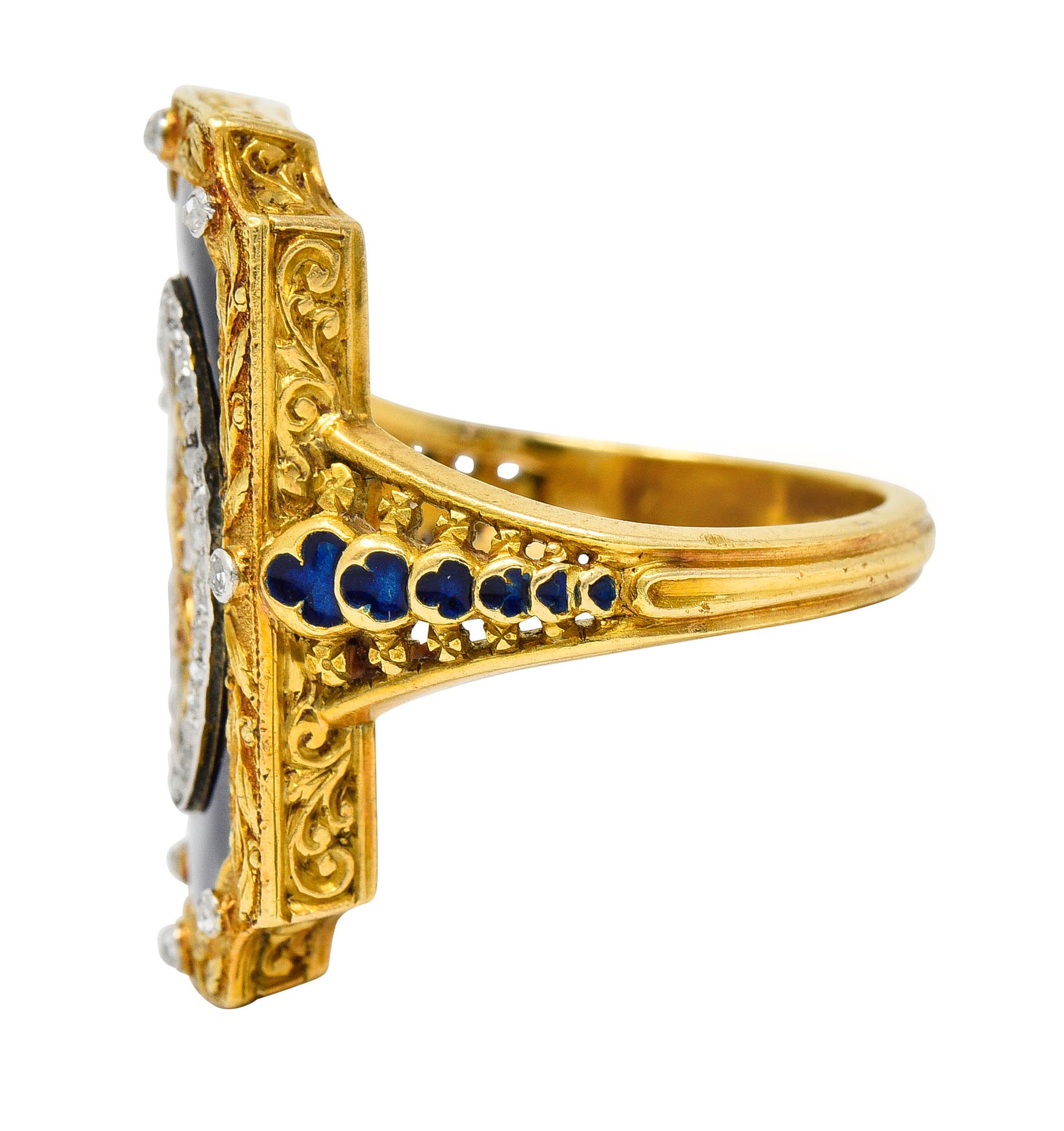 Antique Neoclassical Diamond Enamel Platinum-Topped 18 Karat Tri-Colored Gold Cupid RingRing - Wilson's Estate Jewelry