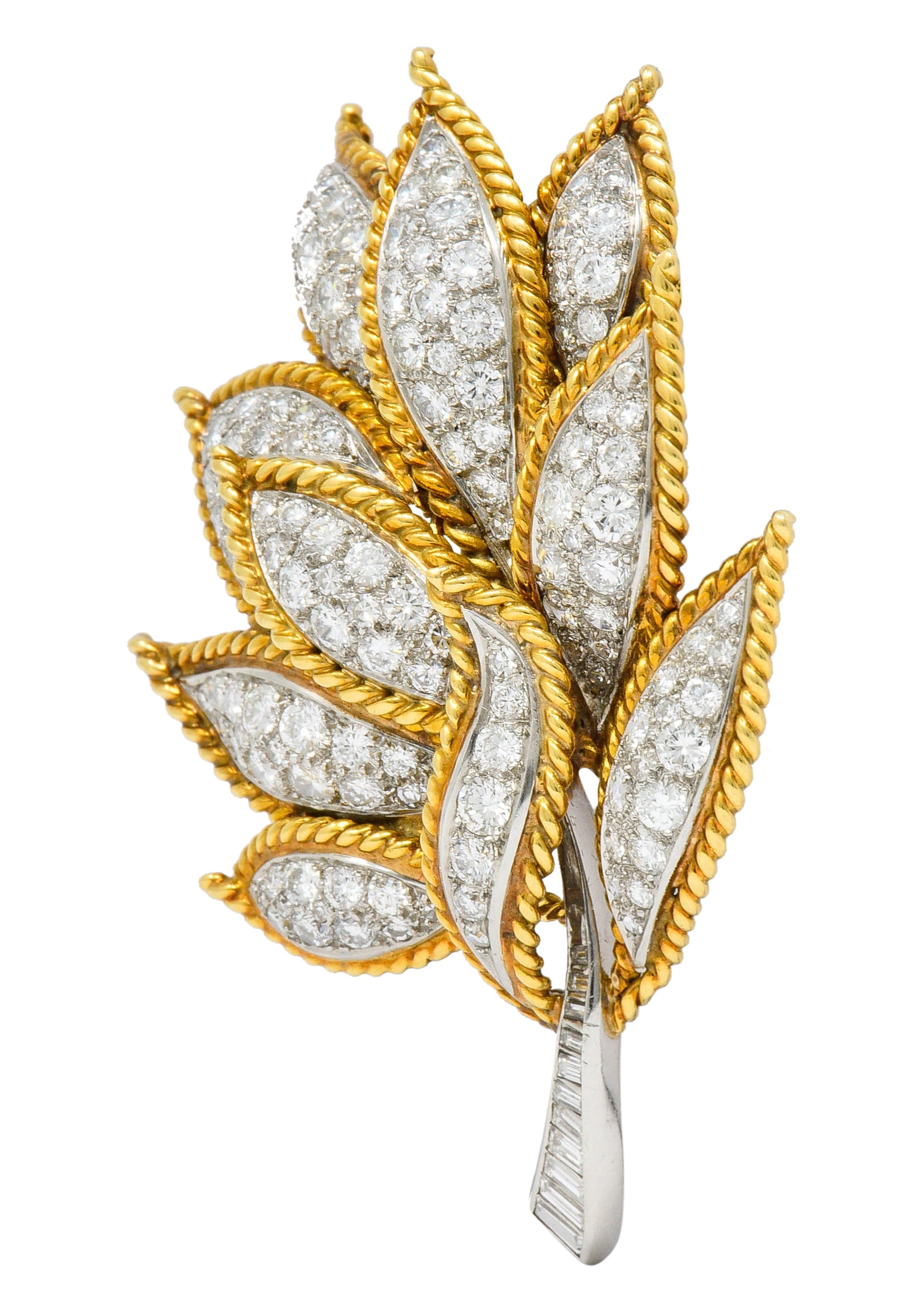 Mid-Century 4.25 CTW Diamond 18 Karat Gold Platinum Foliate Brooch Circa 1950Brooch - Wilson's Estate Jewelry