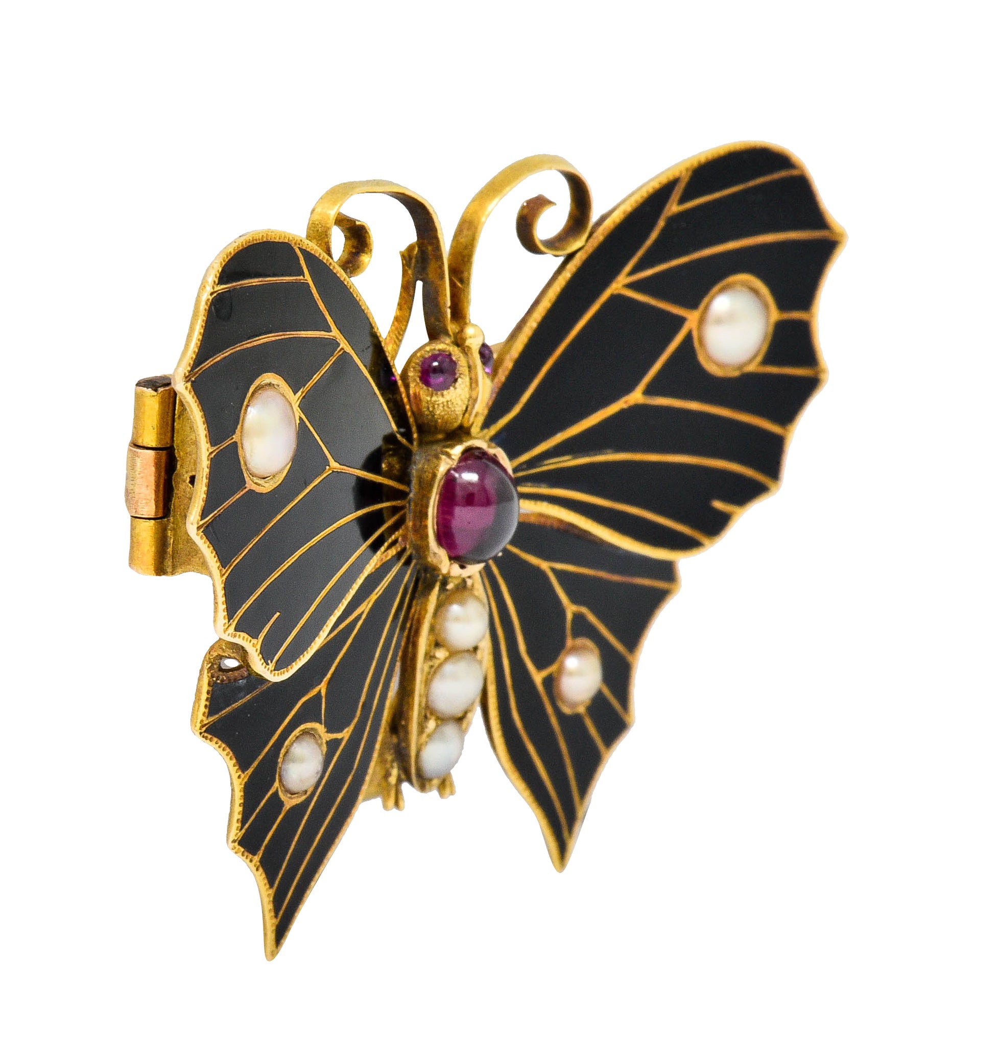 1890's Victorian Garnet Pearl Ruby Enamel 18 Karat Gold Butterfly Watch Pin BroochBrooch - Wilson's Estate Jewelry