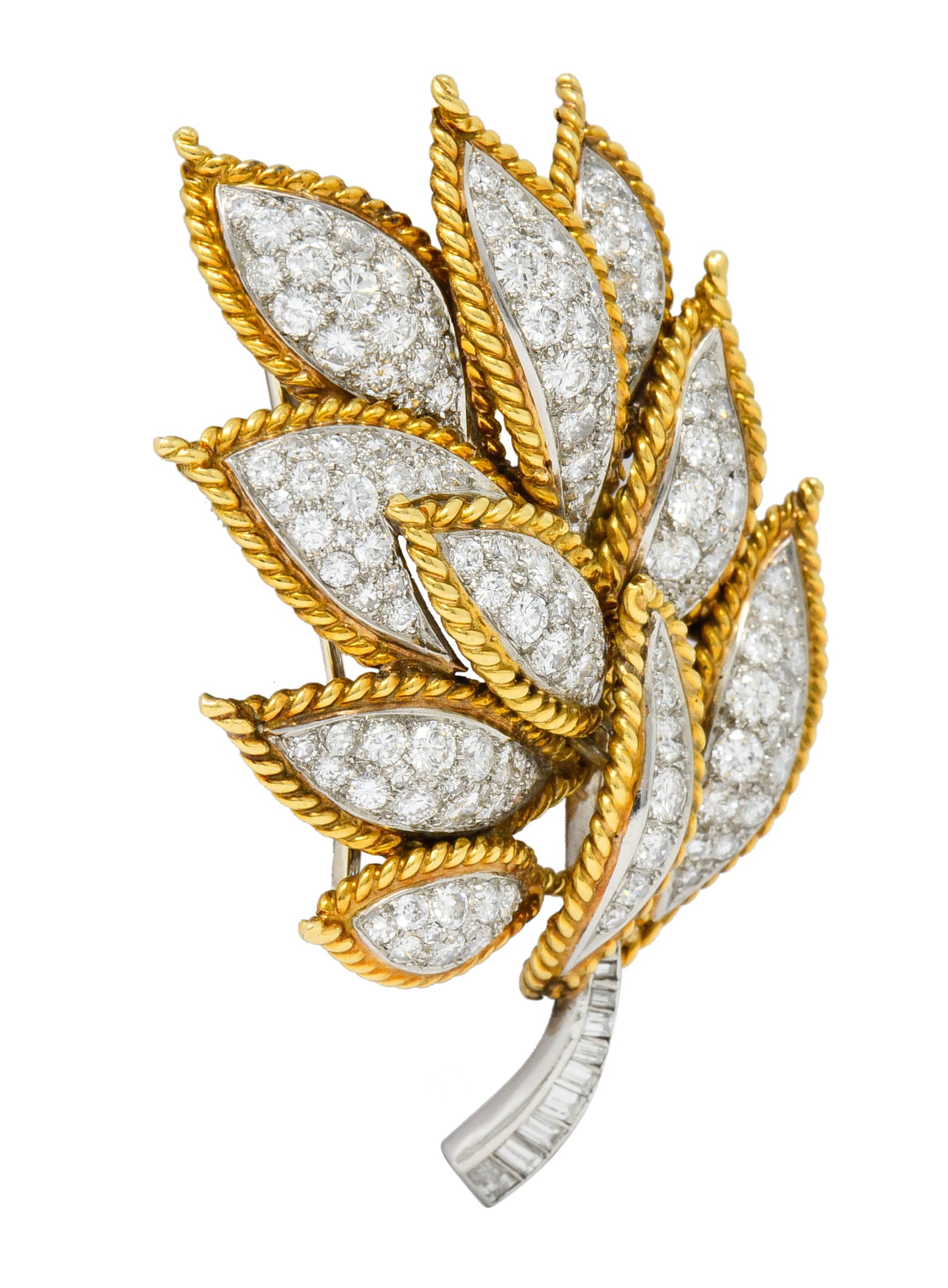 Mid-Century 4.25 CTW Diamond 18 Karat Gold Platinum Foliate Brooch Circa 1950Brooch - Wilson's Estate Jewelry