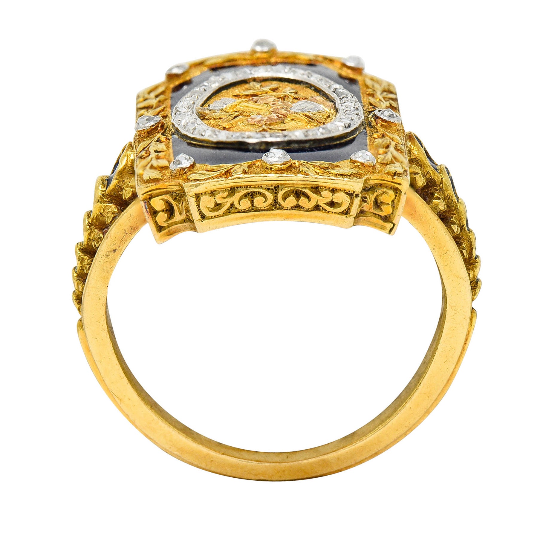 Antique Neoclassical Diamond Enamel Platinum-Topped 18 Karat Tri-Colored Gold Cupid RingRing - Wilson's Estate Jewelry