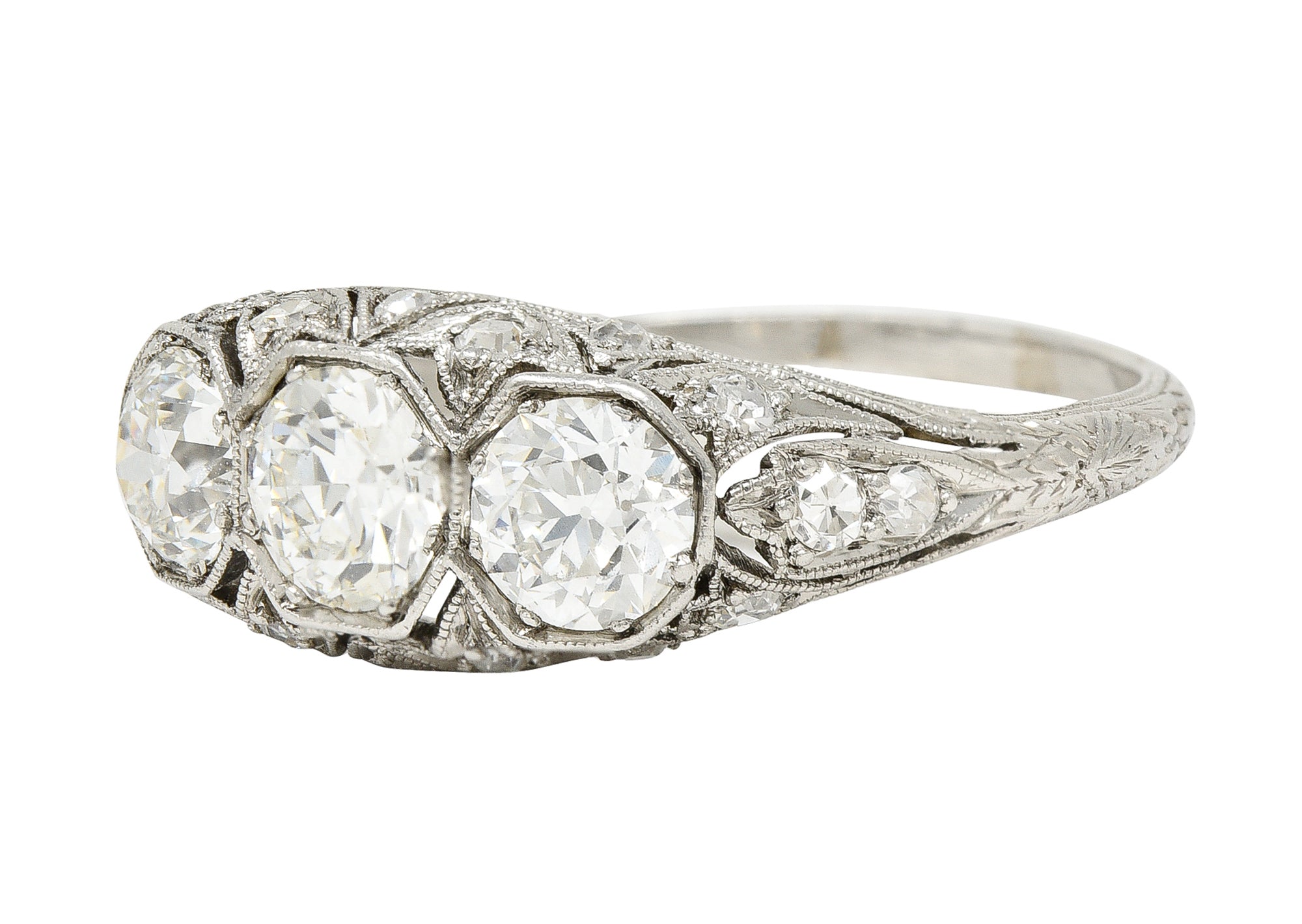 Art Deco 2.34 CTW Diamond Platinum Three Stone Tulip Vintage Ring