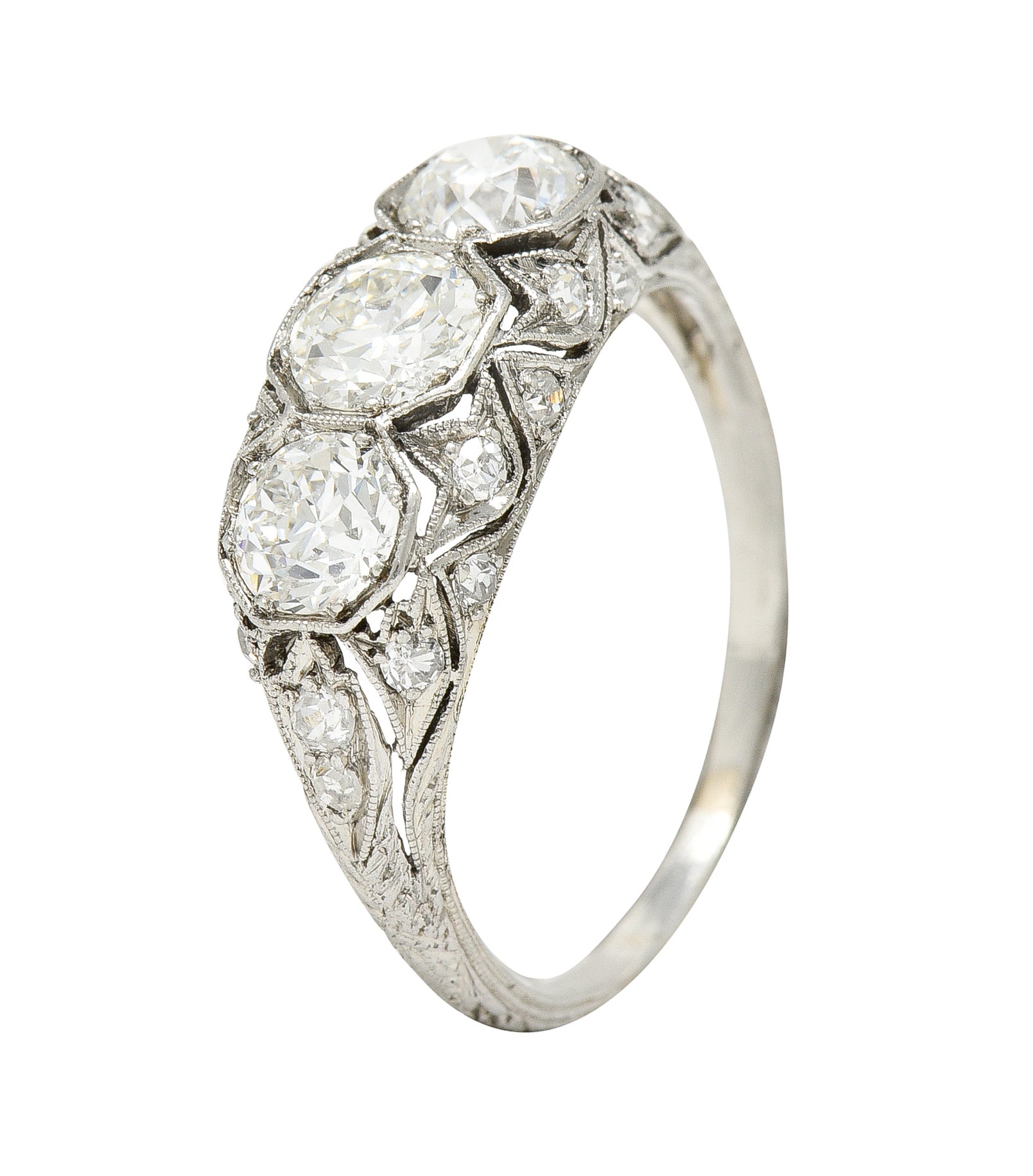 Art Deco 2.34 CTW Diamond Platinum Three Stone Tulip Vintage Ring