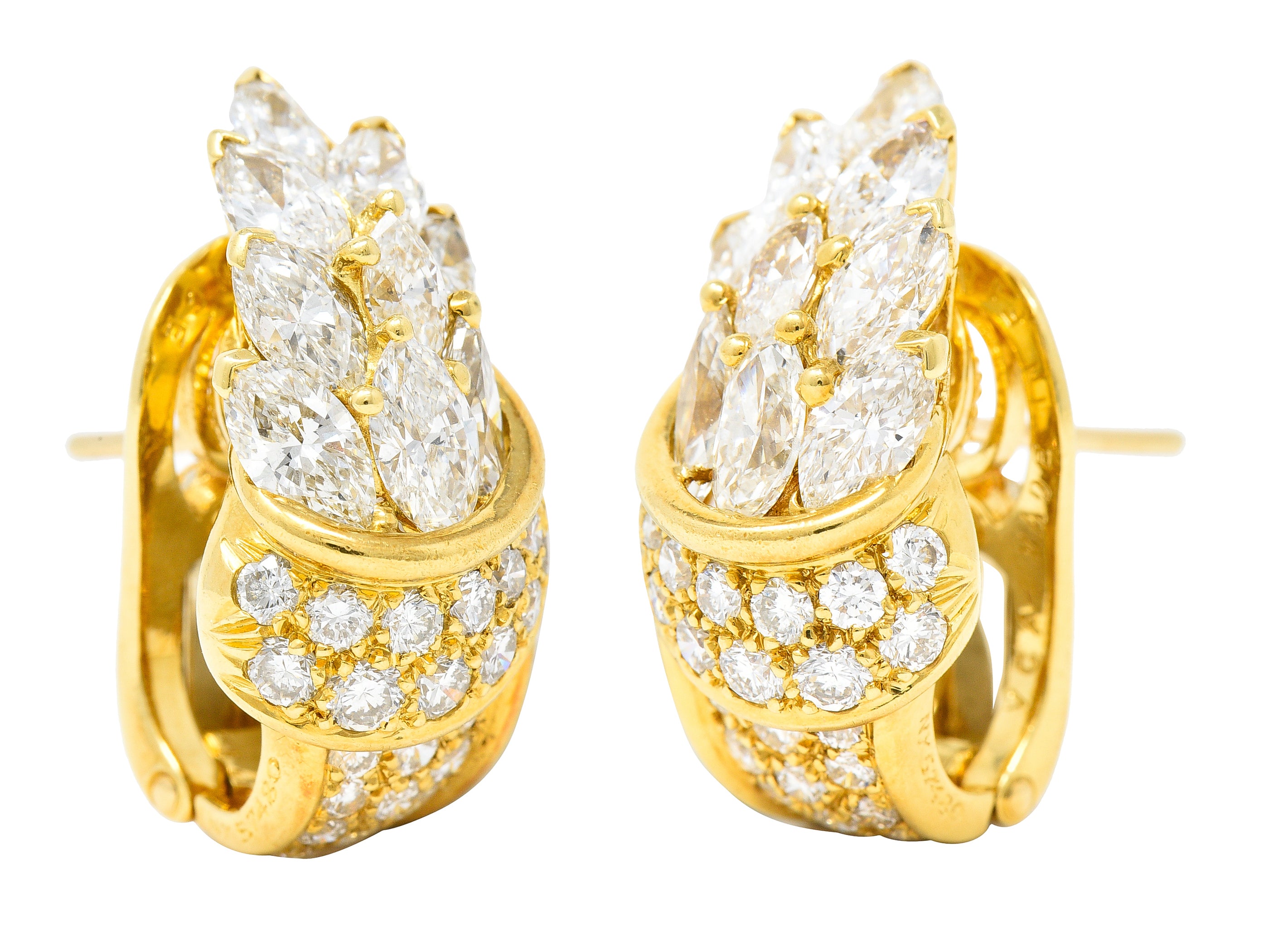 Van Cleef & Arpels French 5.26 CTW Marquise Cut Diamond 18 Karat Yellow Gold Toundra Bouquet Vintage J-Hoop Earrings Wilson's Estate Jewelry