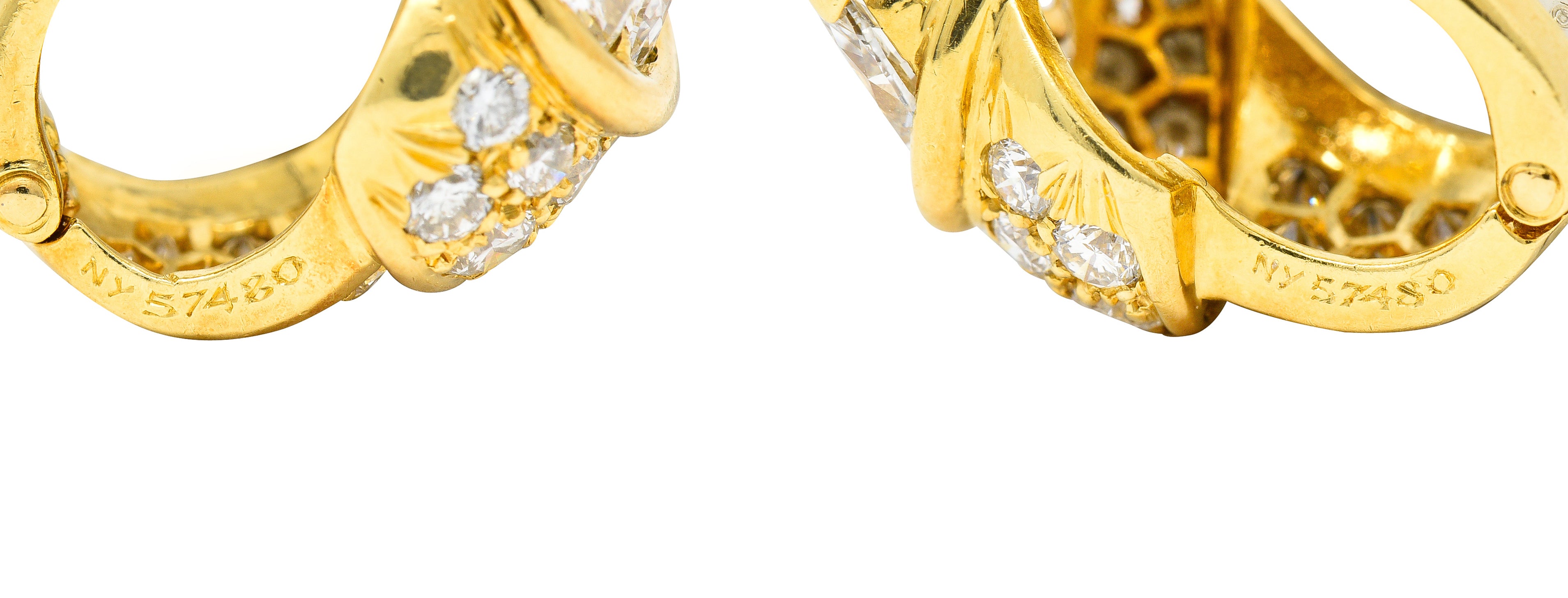 Van Cleef & Arpels French 5.26 CTW Marquise Cut Diamond 18 Karat Yellow Gold Toundra Bouquet Vintage J-Hoop Earrings Wilson's Estate Jewelry