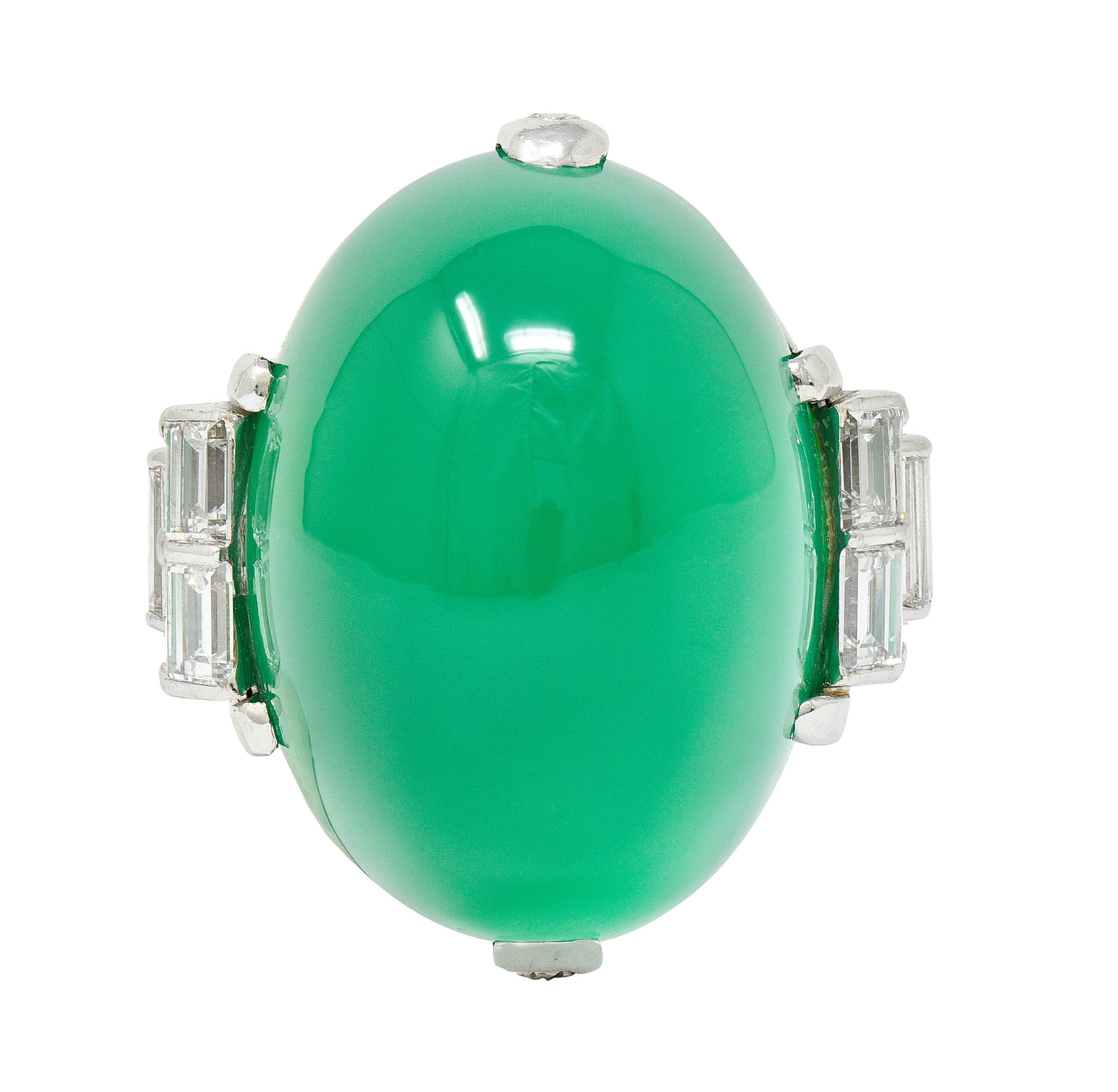 Large Art Deco Chrysoprase Diamond Platinum Cabochon Statement RingRing - Wilson's Estate Jewelry