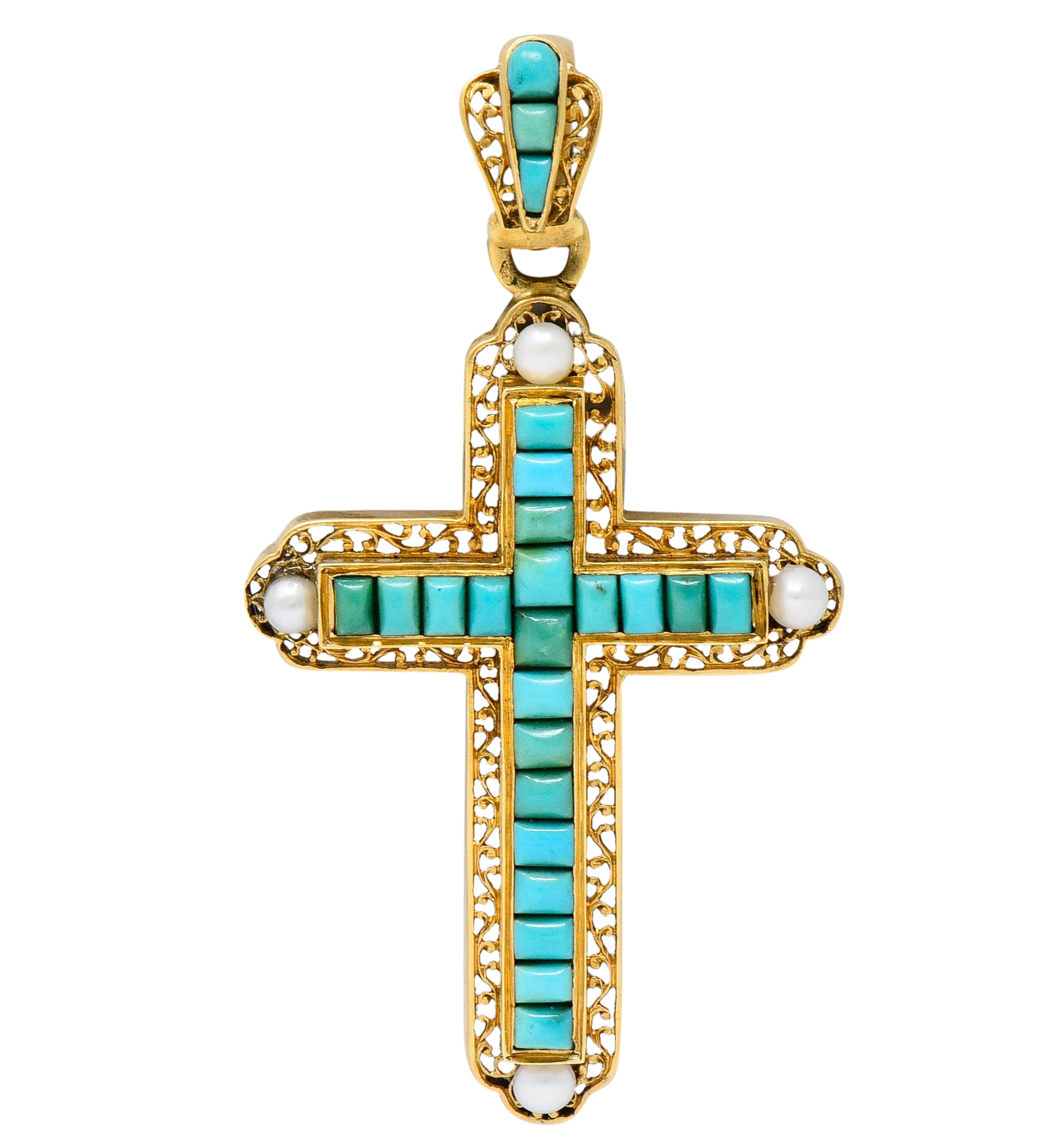 French Victorian Turquoise Pearl 18 Karat Gold Cross PendantNecklace - Wilson's Estate Jewelry