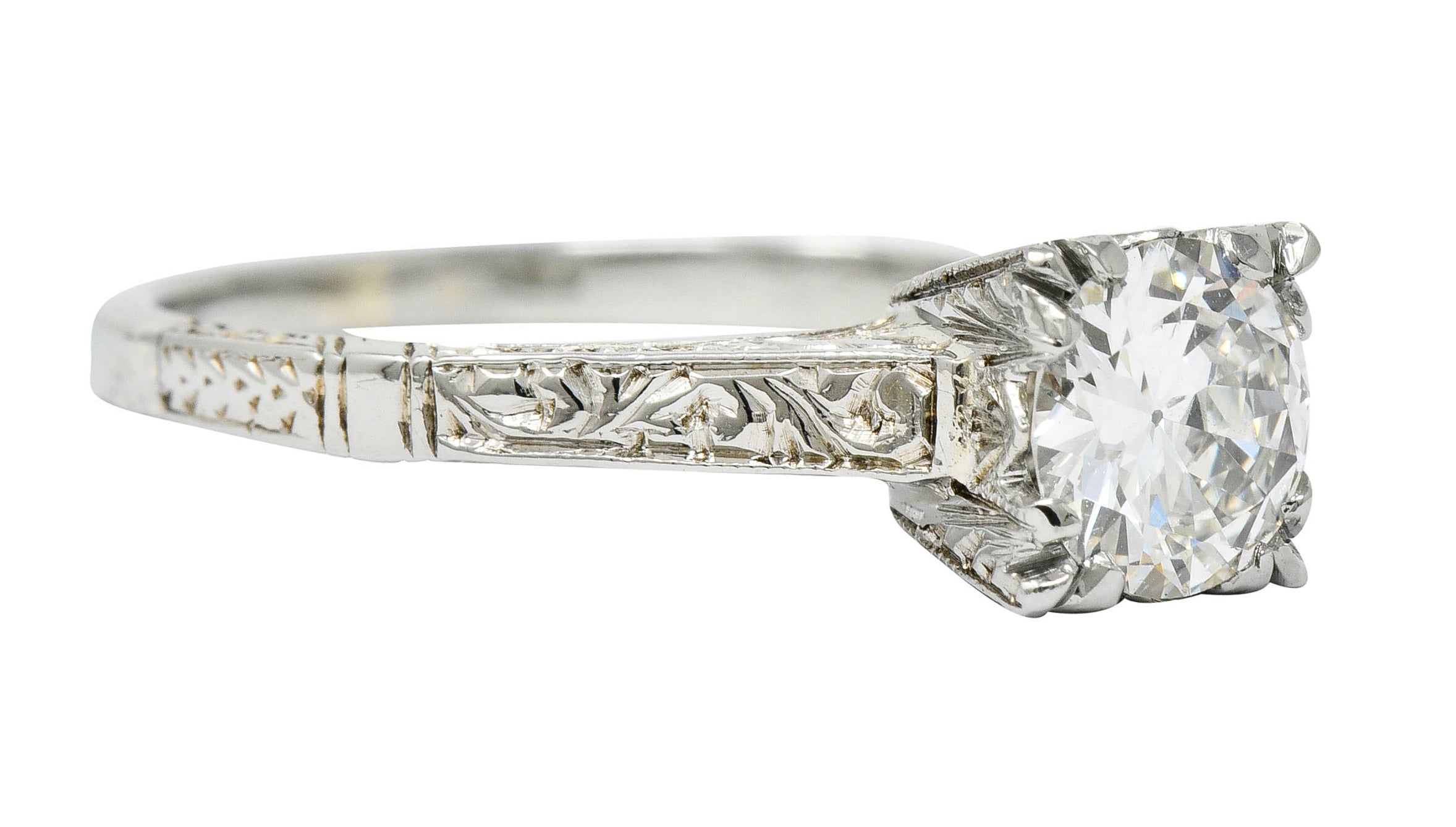 Art Deco 0.53 CTW Diamond 18 Karat White Gold Engraved Engagement Ring - Wilson's Estate Jewelry