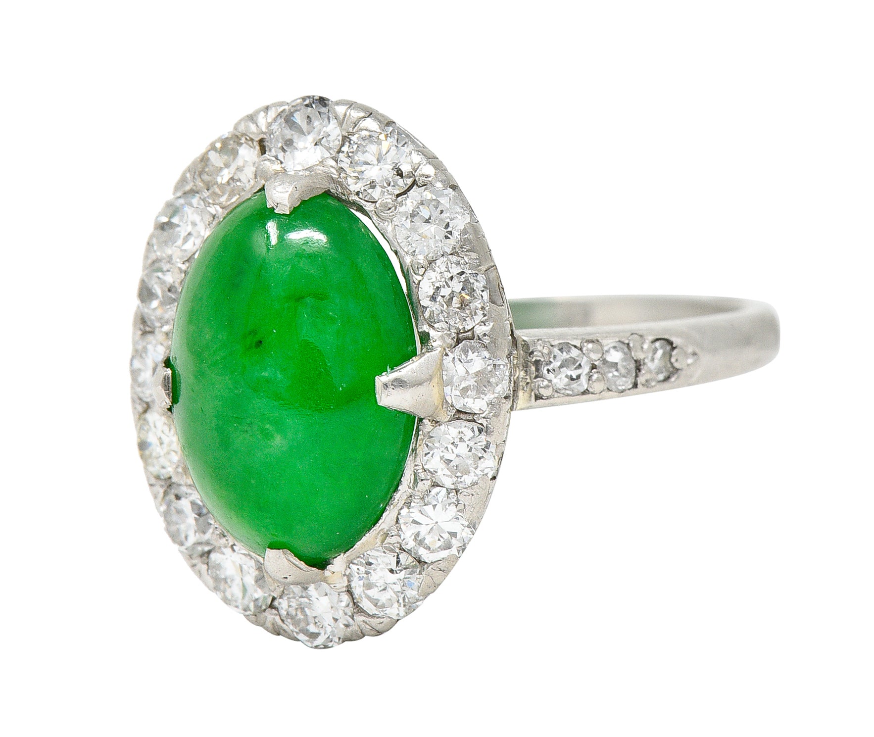 Art Deco Jadeite Jade Cabochon Diamond Platinum Cluster Gemstone Ring GIA Wilson's Estate Jewelry