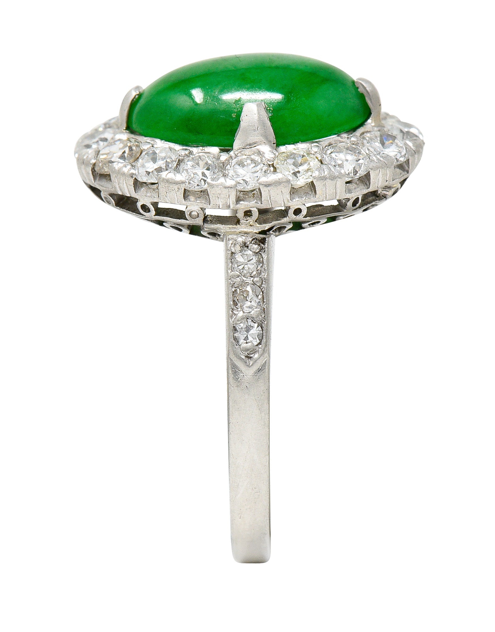 Art Deco Jadeite Jade Cabochon Diamond Platinum Cluster Gemstone Ring GIA Wilson's Estate Jewelry