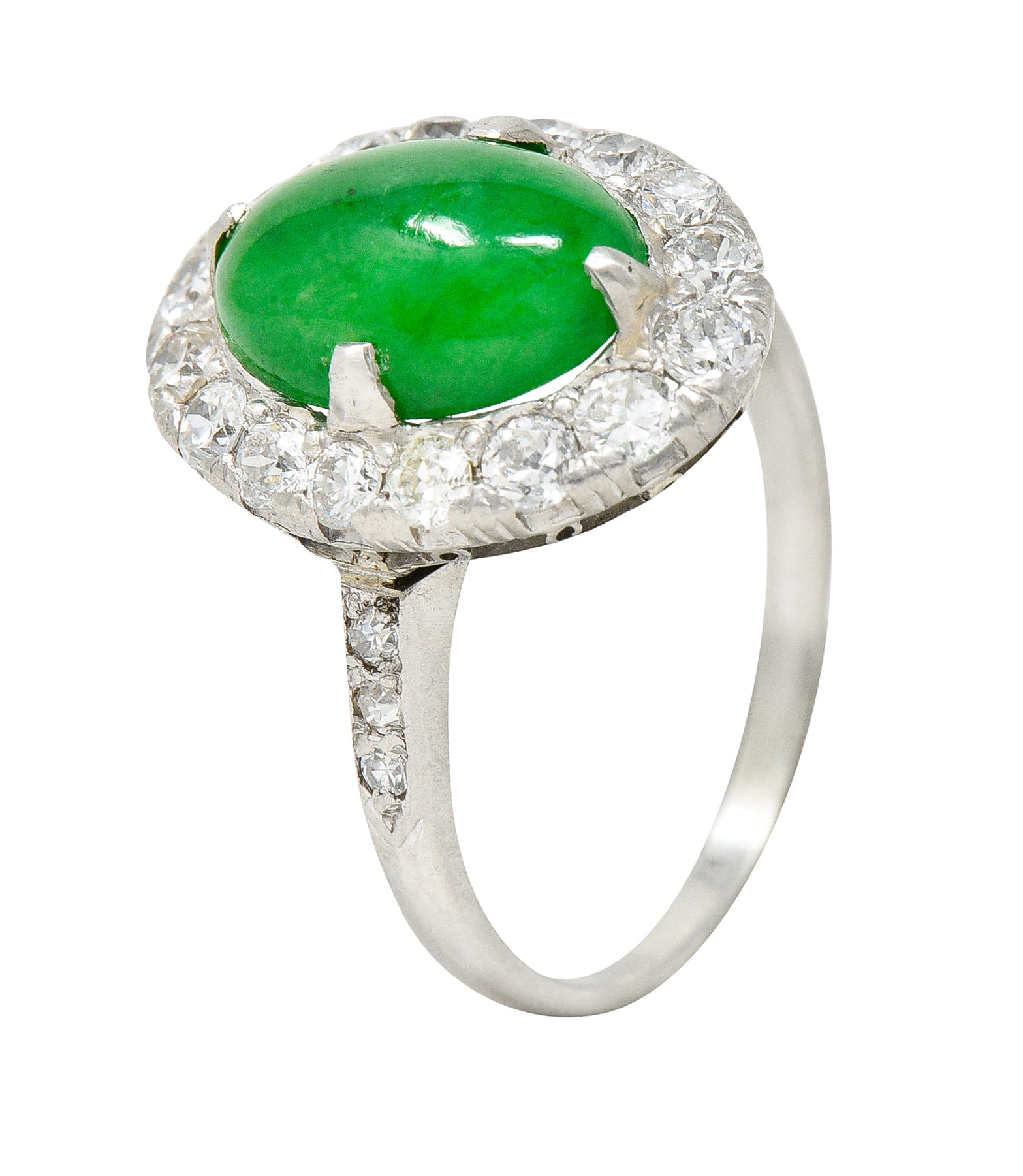 Art Deco Jadeite Jade Cabochon Diamond Platinum Cluster Gemstone Ring GIA Wilson's Estate Jewelry