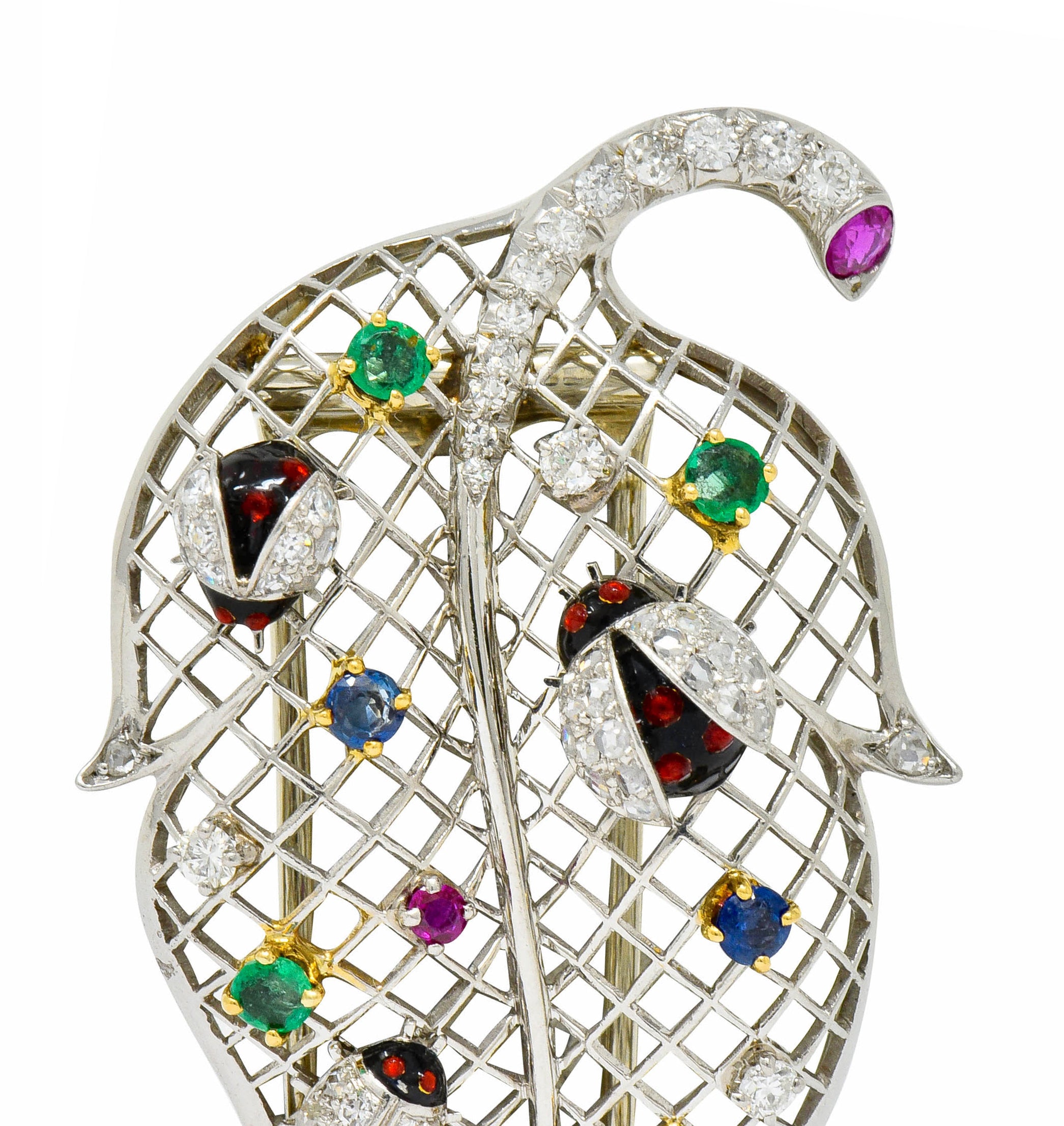 1950's Diamond Sapphire Ruby Emerald Platinum Ladybug Leaf Brooch - Wilson's Estate Jewelry