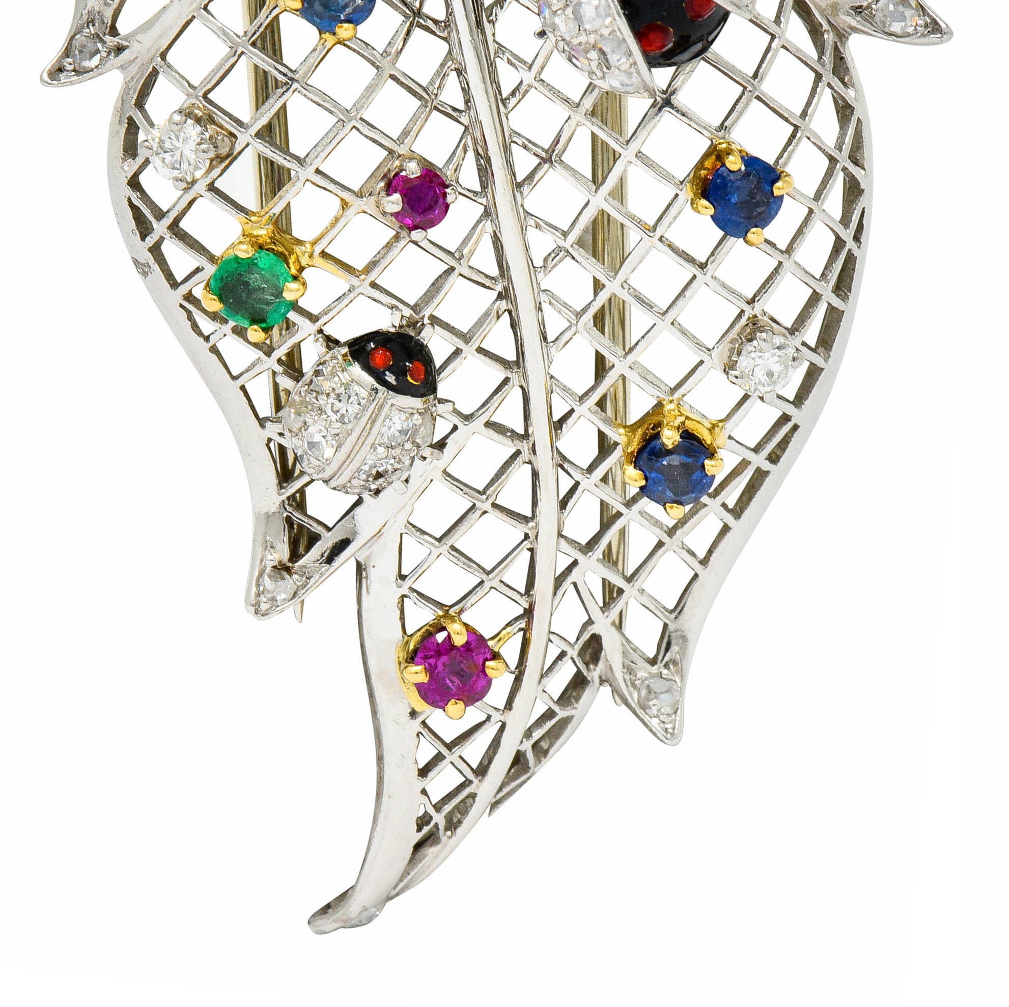 1950's Diamond Sapphire Ruby Emerald Platinum Ladybug Leaf Brooch - Wilson's Estate Jewelry