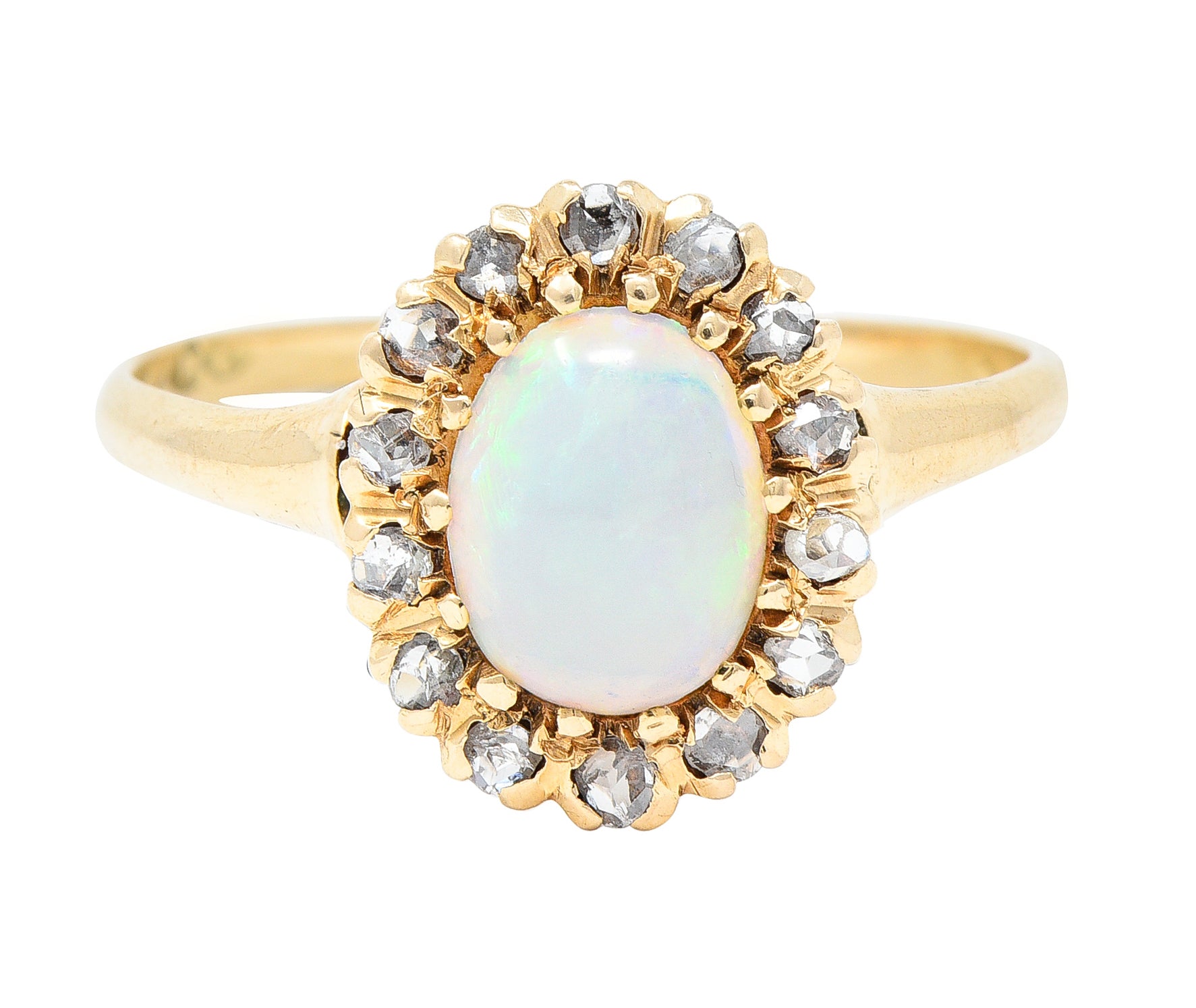 Victorian Opal Cabochon Diamond 14 Karat Yellow Gold Antique Halo Ring Wilson's Estate Jewelry