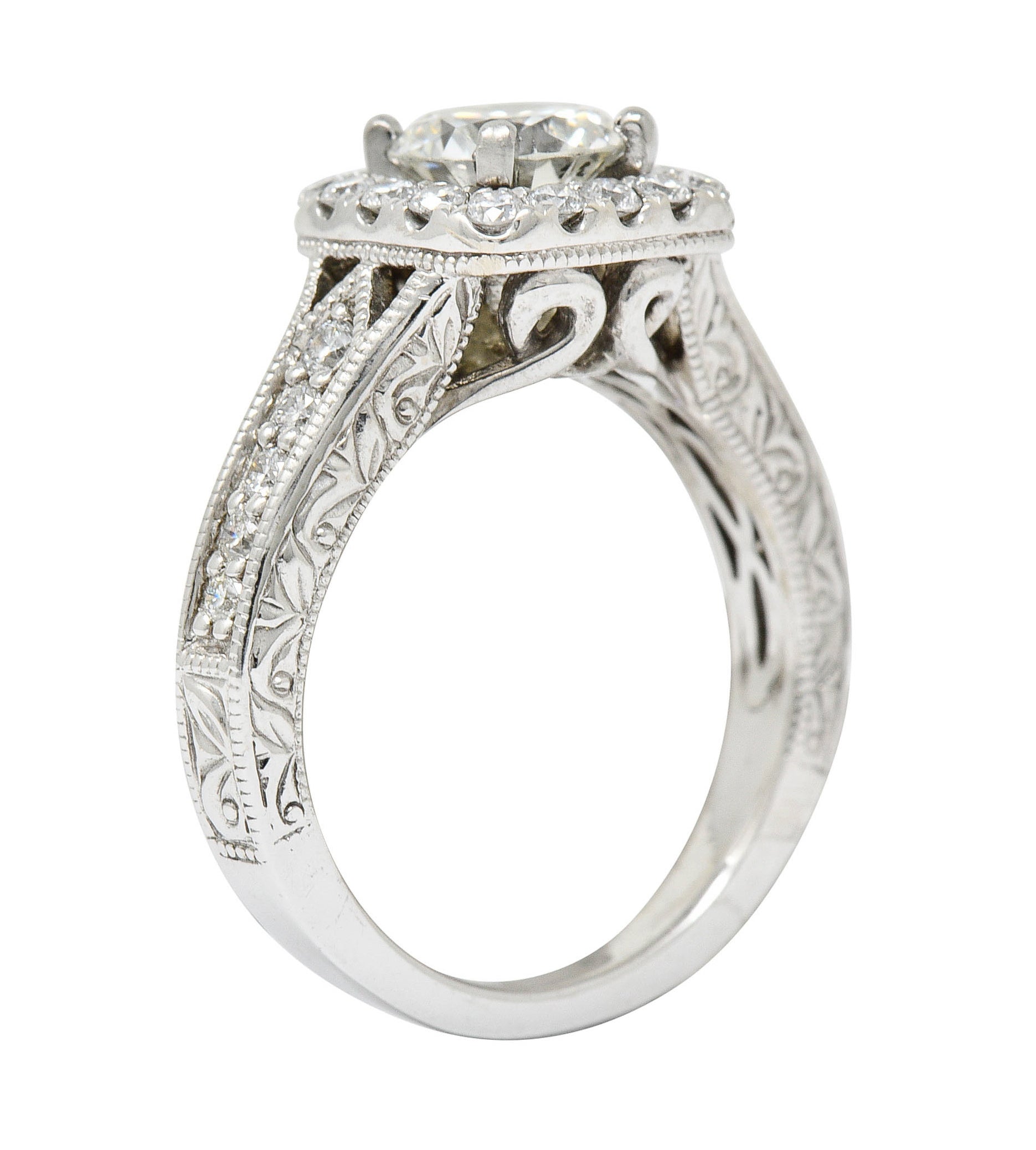 Contemporary 1.57 CTW Diamond 14 Karat White Gold Square Halo Engagement Ring GIARing - Wilson's Estate Jewelry