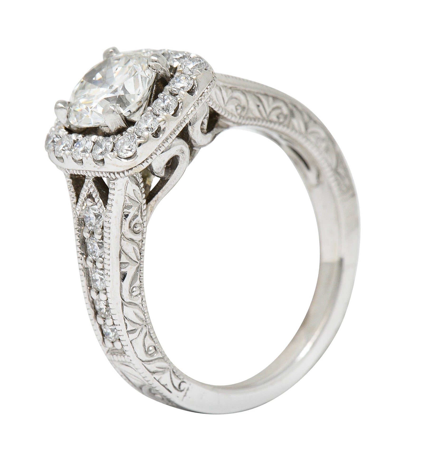 Contemporary 1.57 CTW Diamond 14 Karat White Gold Square Halo Engagement Ring GIARing - Wilson's Estate Jewelry