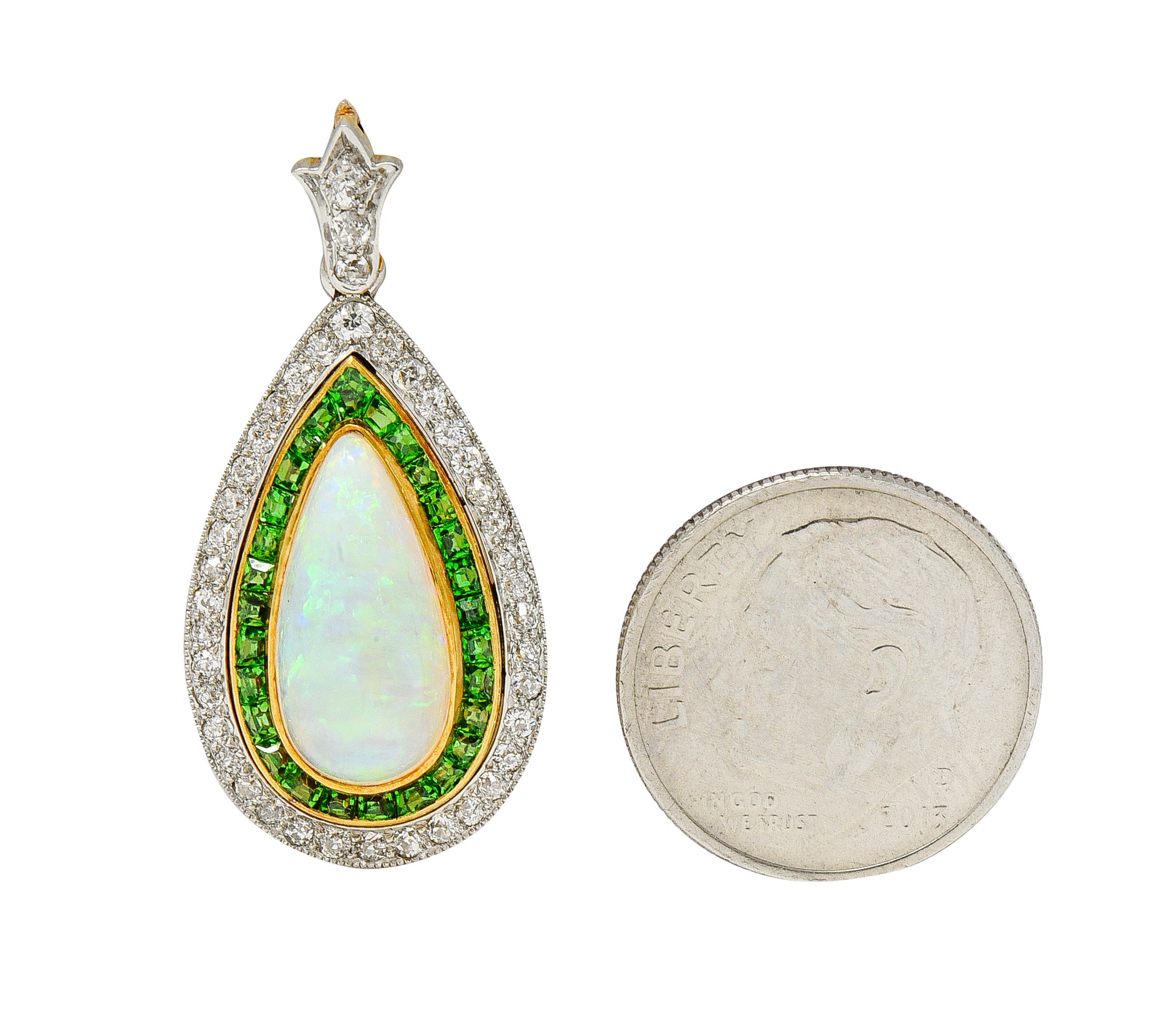 Edwardian Diamond Demantoid Garnet Opal Halo Lily Teardrop Antique Pendant