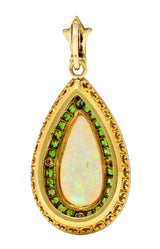 Edwardian Diamond Demantoid Garnet Opal Halo Lily Teardrop Antique Pendant