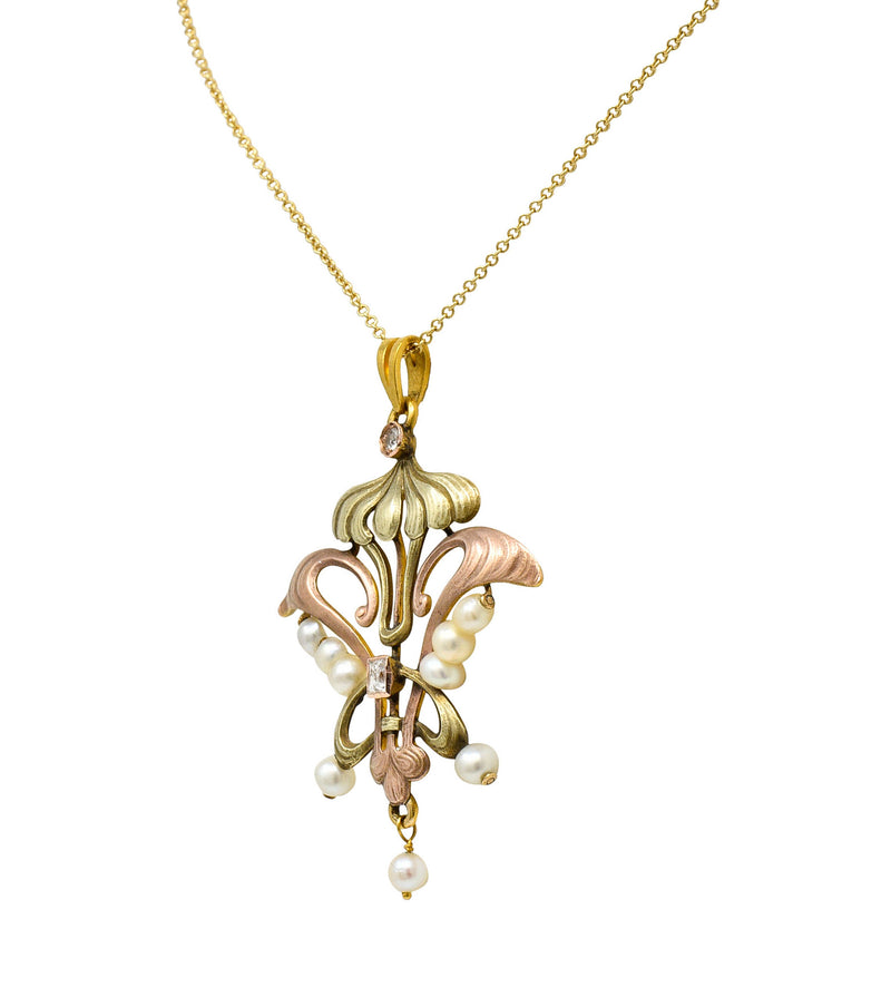 Art Nouveau Diamond Pearl 14 Karat Tri-Colored Gold Whiplash Pendant NecklaceNecklace - Wilson's Estate Jewelry