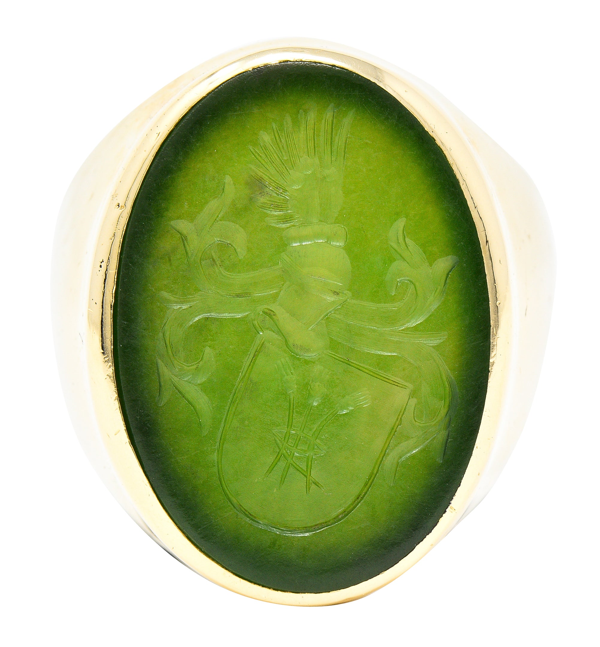 Victorian Nephrite Jade 14 Karat Yellow Gold Celtic Thistle Crest Carved Intaglio Antique Signet Ring Wilson's Estate Jewelry