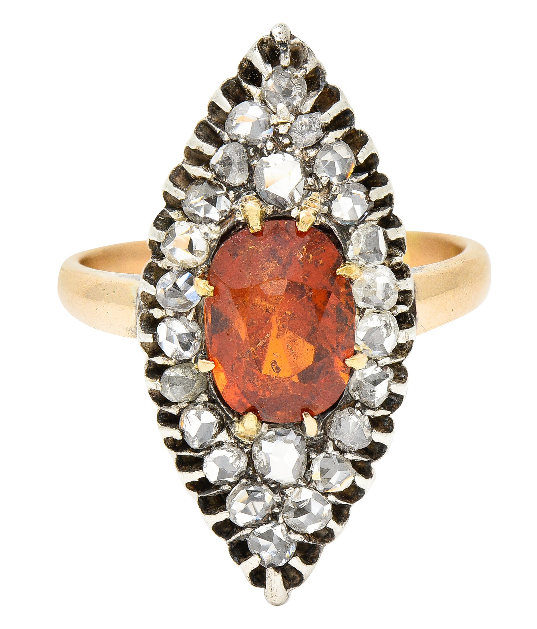 1908 Russian Hessonite Garnet Diamond Silver-Topped 14 Karat Yellow Gold Antique Navette Cluster Ring Wilson's Estate Jewelry