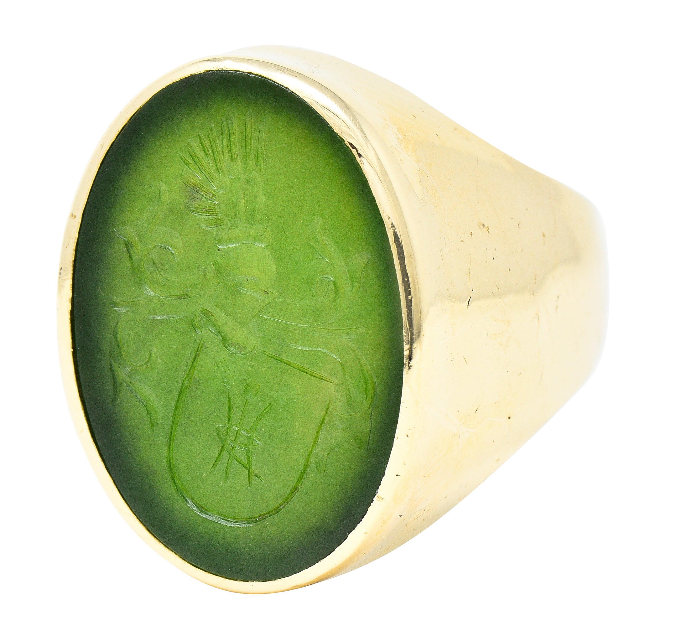 Victorian Nephrite Jade 14 Karat Yellow Gold Celtic Thistle Crest Carved Intaglio Antique Signet Ring Wilson's Estate Jewelry