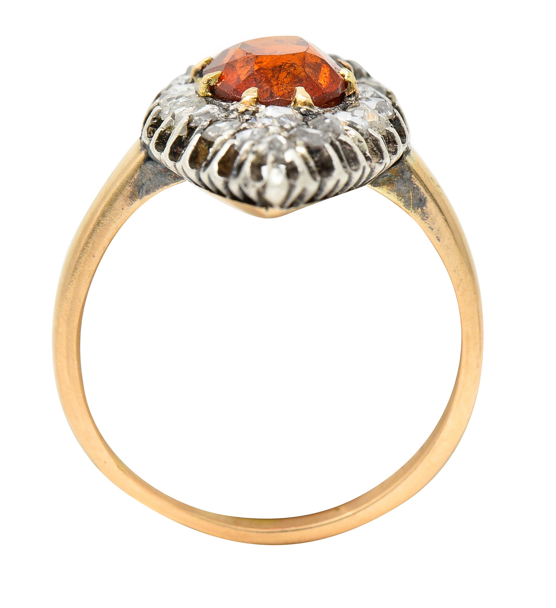 1908 Russian Hessonite Garnet Diamond Silver-Topped 14 Karat Yellow Gold Antique Navette Cluster Ring Wilson's Estate Jewelry