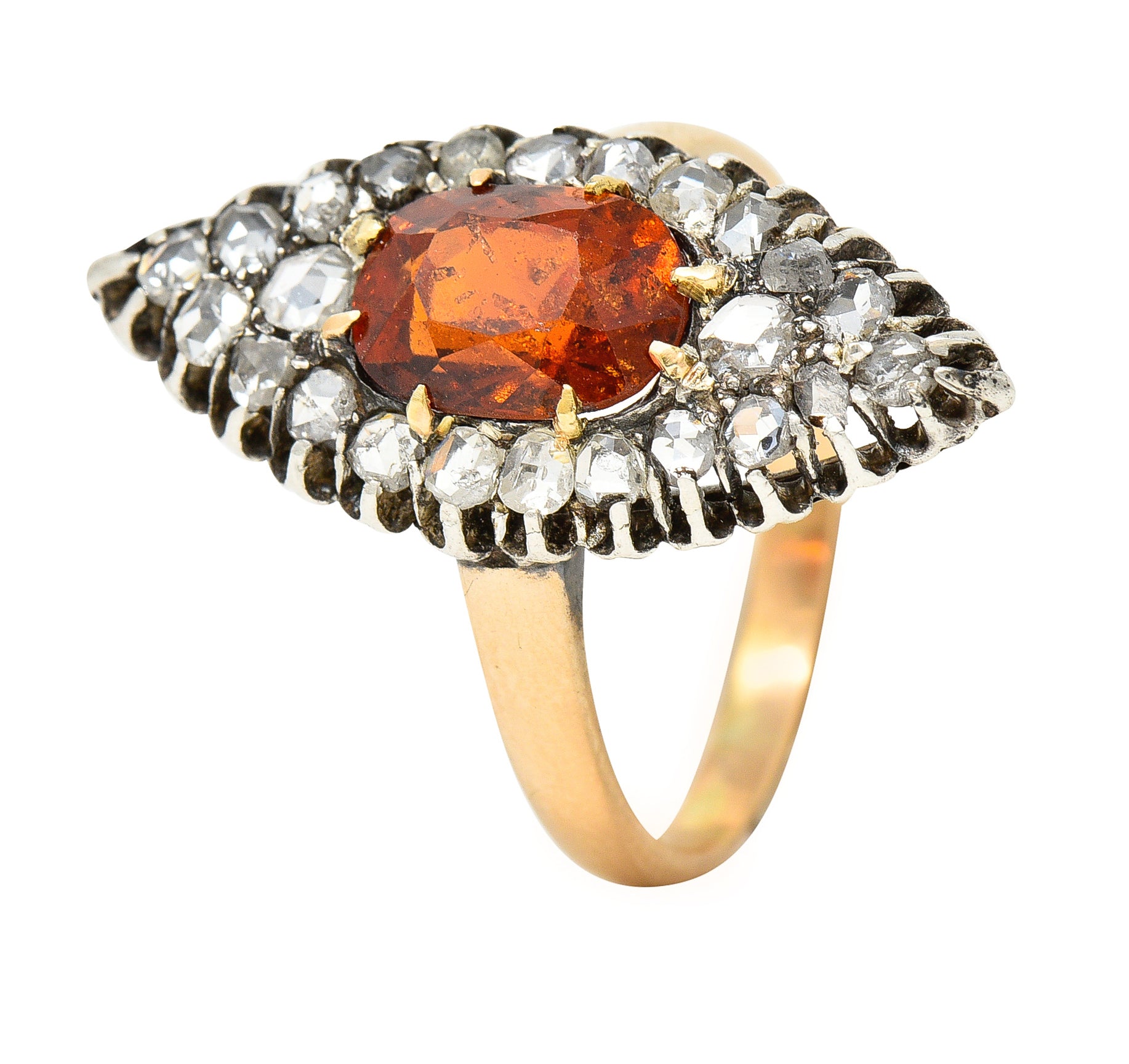 1908 Russian Hessonite Garnet Diamond Silver-Topped 14 Karat Yellow Gold Antique Navette Cluster Ring Wilson's Estate Jewelry