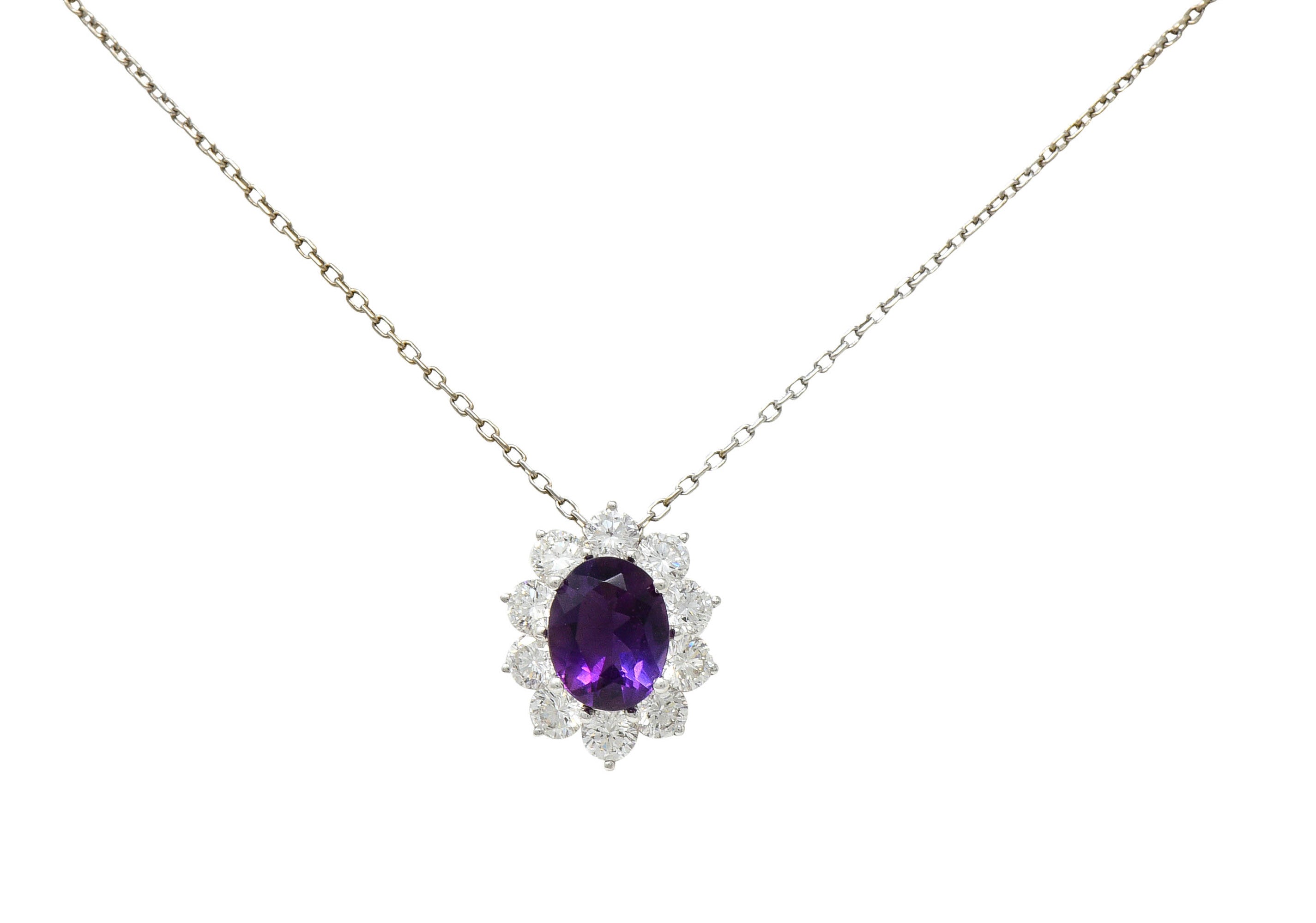 Amethyst 1.50 CTW Diamond Platinum Cluster Pendant NecklaceNecklace - Wilson's Estate Jewelry