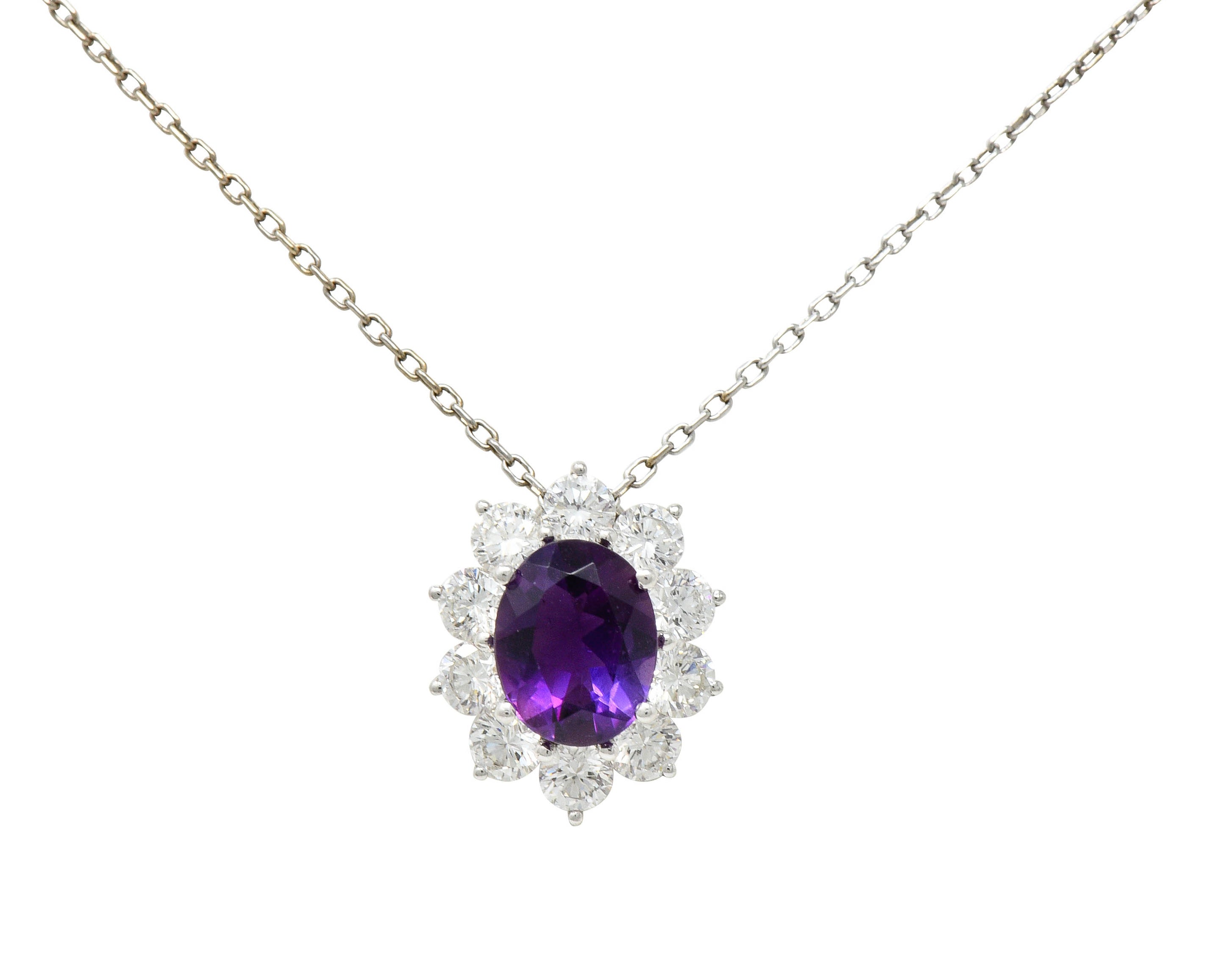 Amethyst 1.50 CTW Diamond Platinum Cluster Pendant NecklaceNecklace - Wilson's Estate Jewelry