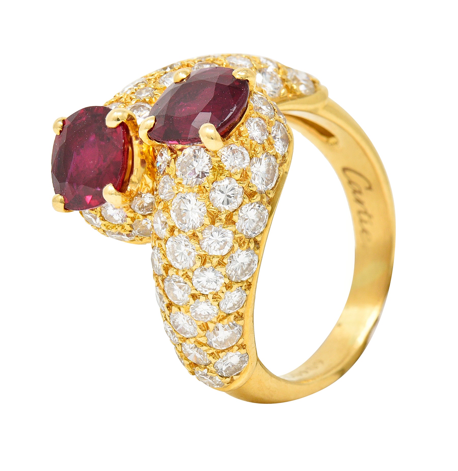 Vintage French Cartier 4.90 CTW Ruby Pavè Diamond 18 Karat Yellow Gold Vintage Bypass Ring GIA Wilson's Estate Jewelry