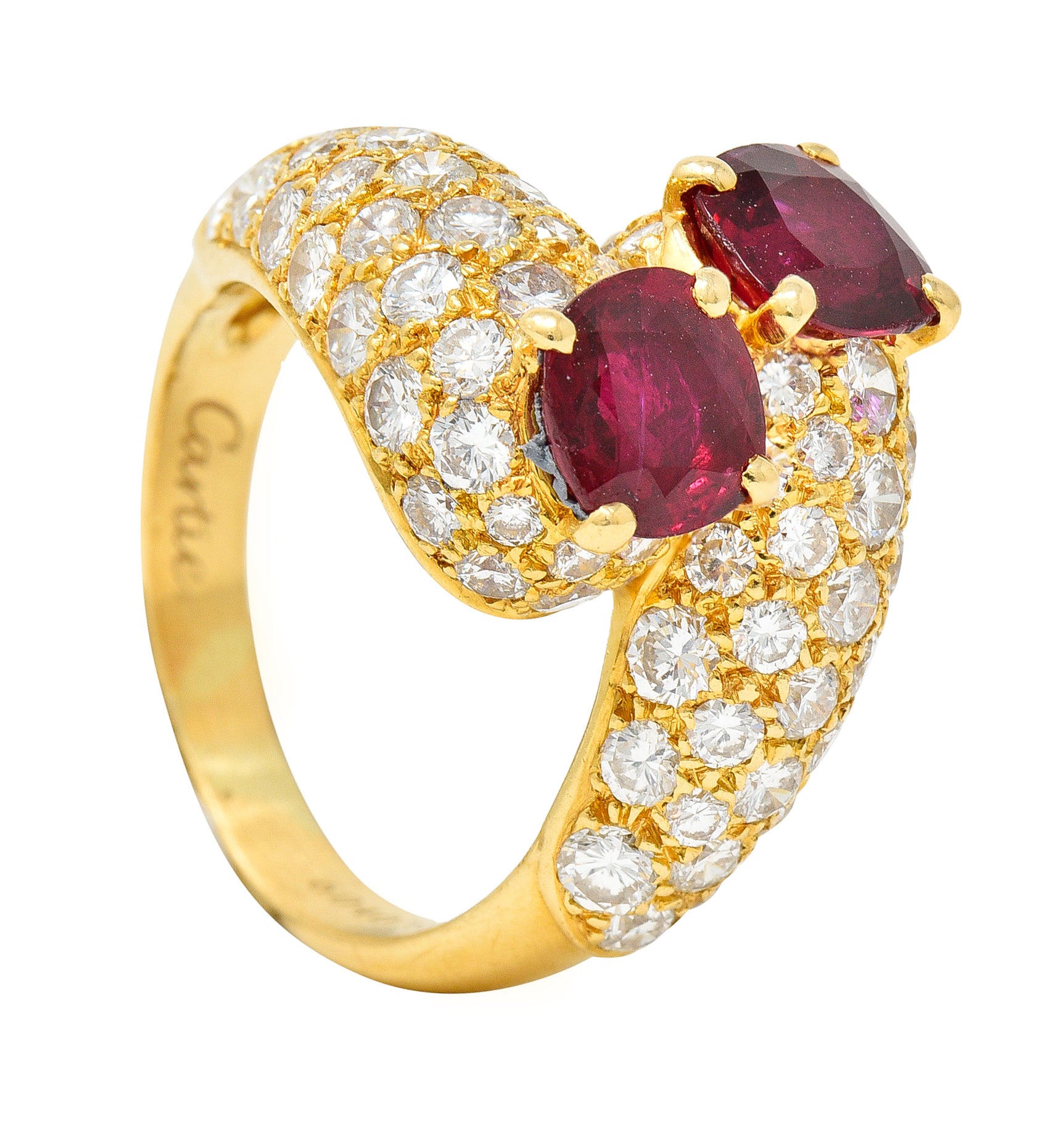 Vintage French Cartier 4.90 CTW Ruby Pavè Diamond 18 Karat Yellow Gold Vintage Bypass Ring GIA Wilson's Estate Jewelry