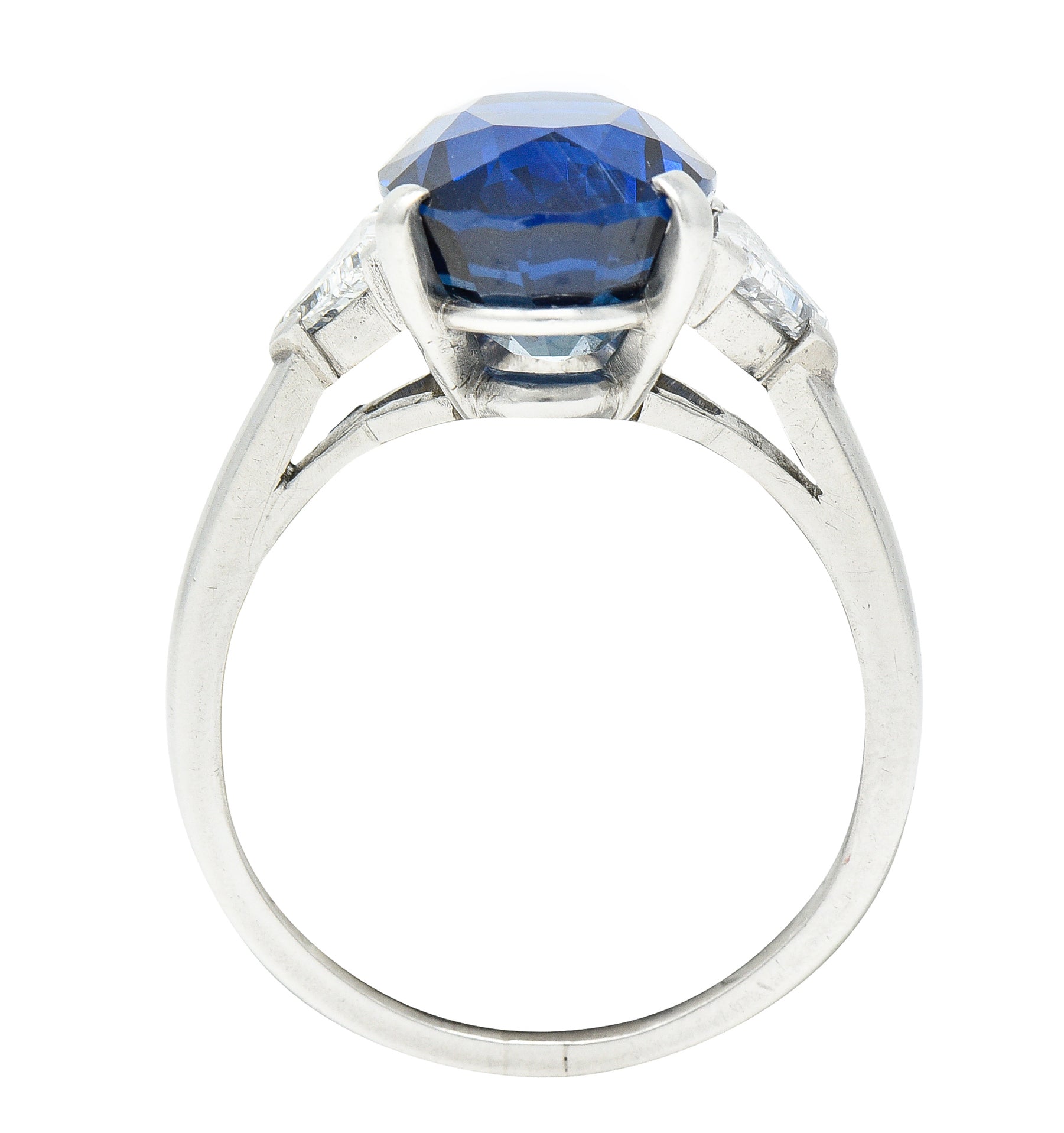 Mid-Century 7.13 CTW Oval Cut No-Heat Thai Sapphire Trillion Cut Diamond Platinum Vintage Three Stone Ring GIA Wilson's Estate Jewelry