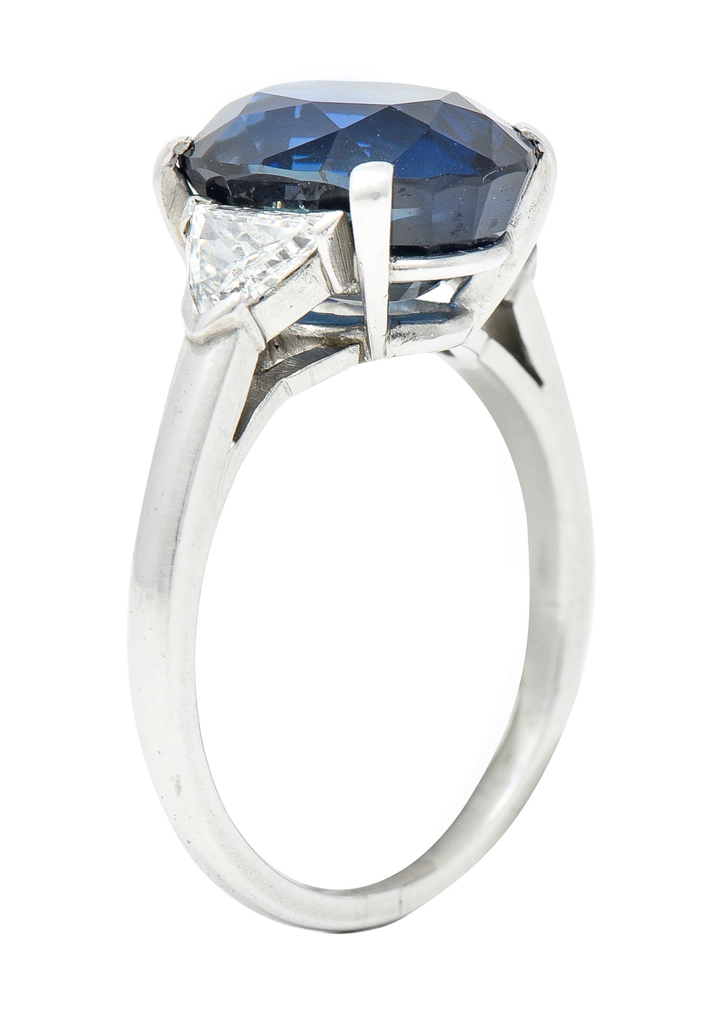 Mid-Century 7.13 CTW Oval Cut No-Heat Thai Sapphire Trillion Cut Diamond Platinum Vintage Three Stone Ring GIA Wilson's Estate Jewelry