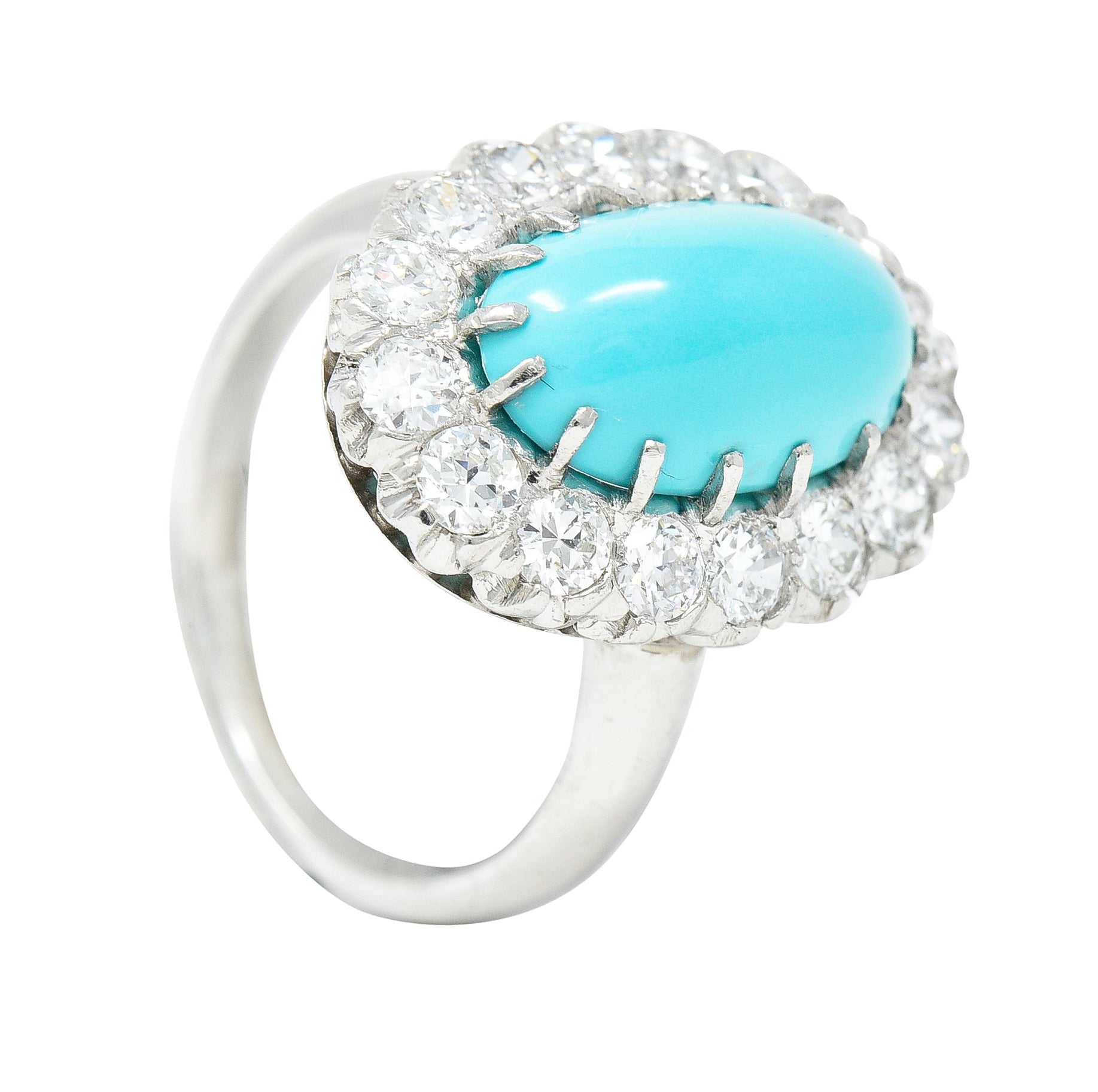 Art Deco 1.12 CTW Turquoise Cabochon Transitional Cut Diamond Platinum Halo Ring Wilson's Estate Jewelry