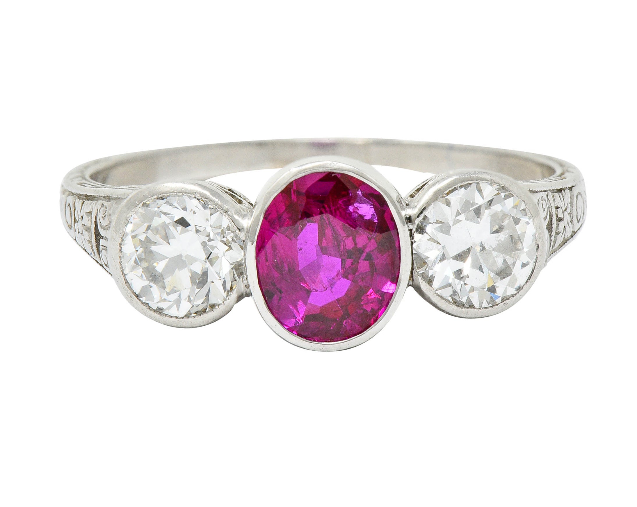 1920's Art Deco 2.03 CTW No Heart Burma Ruby Diamond Platinum Three Stone Ring GIARing - Wilson's Estate Jewelry