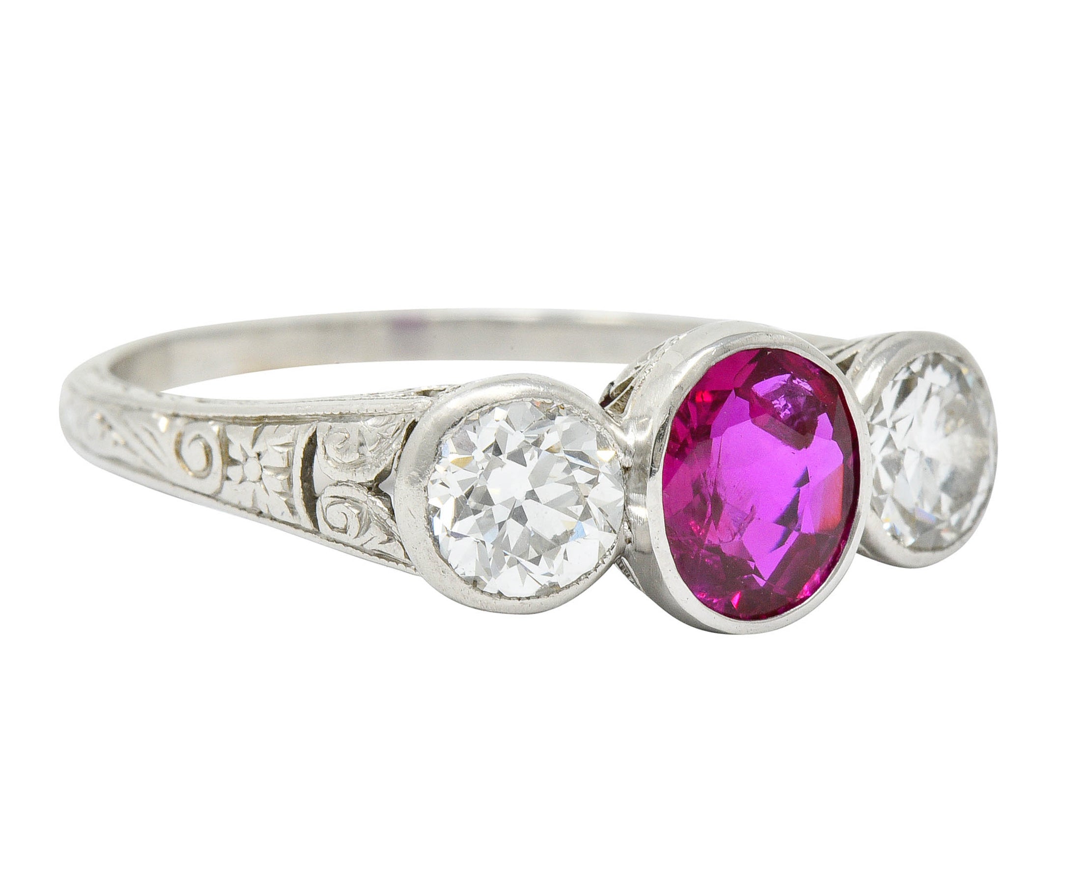 1920's Art Deco 2.03 CTW No Heart Burma Ruby Diamond Platinum Three Stone Ring GIARing - Wilson's Estate Jewelry