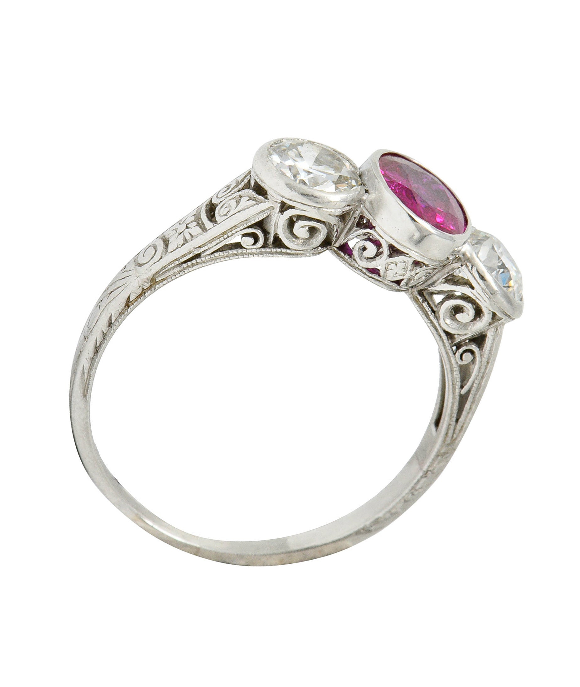 1920's Art Deco 2.03 CTW No Heart Burma Ruby Diamond Platinum Three Stone Ring GIARing - Wilson's Estate Jewelry