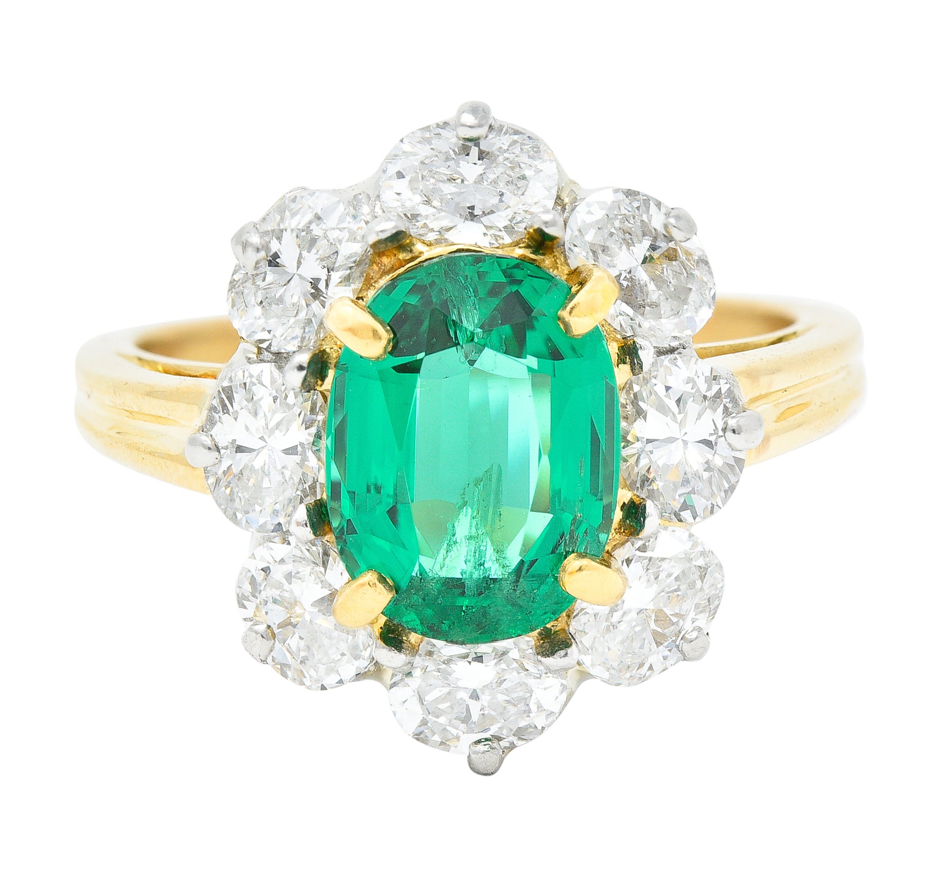 Vintage 2.96 CTW Emerald Oval Cut Diamond Platinum 18 Karat Yellow Gold Halo Ring GIA Wilson's Estate Jewelry