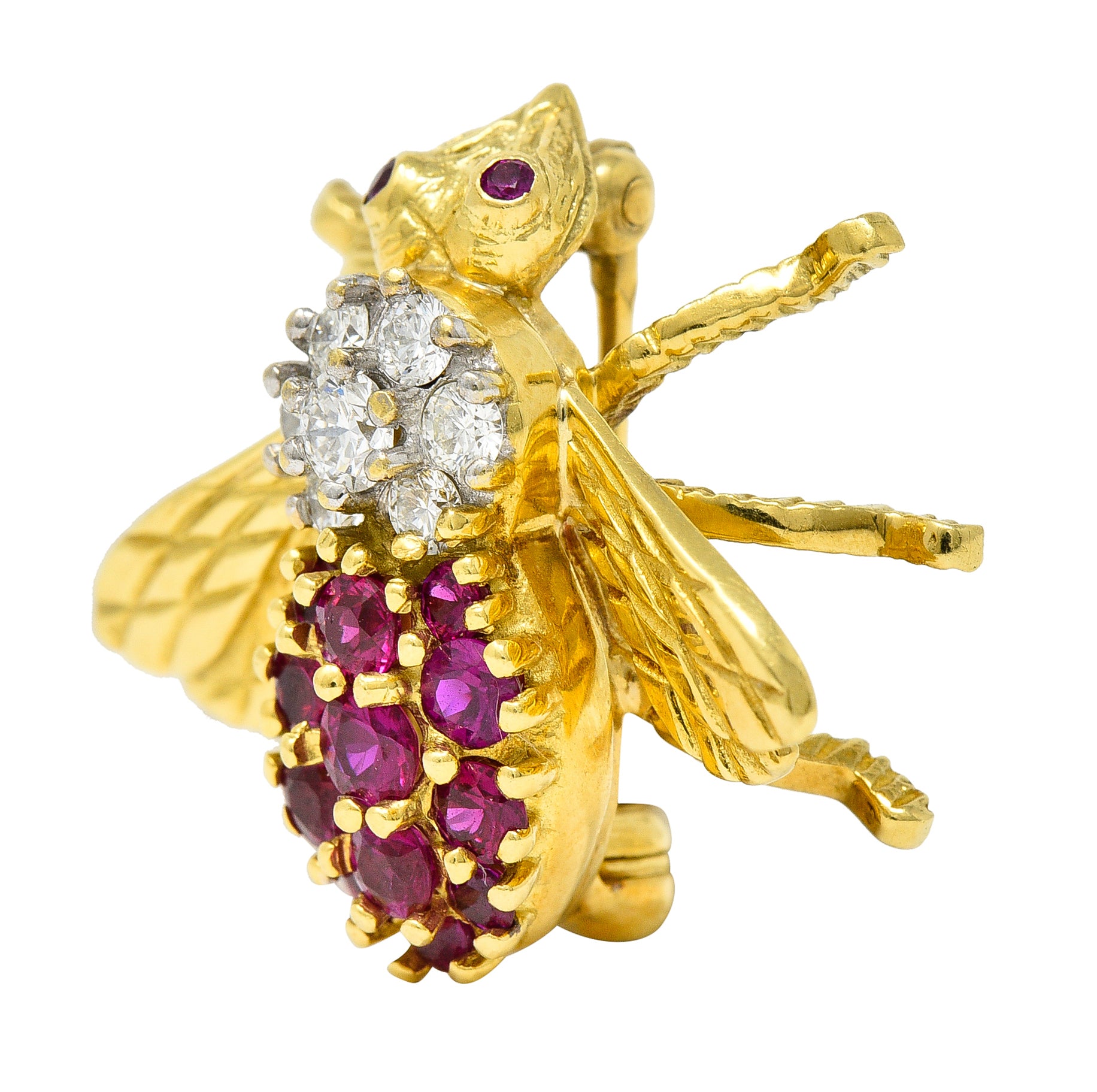 1960's Herbert Rosenthal 1.00 CTW Ruby Diamond 18 Karat Yellow Gold Vintage Bug Brooch Wilson's Estate Jewelry