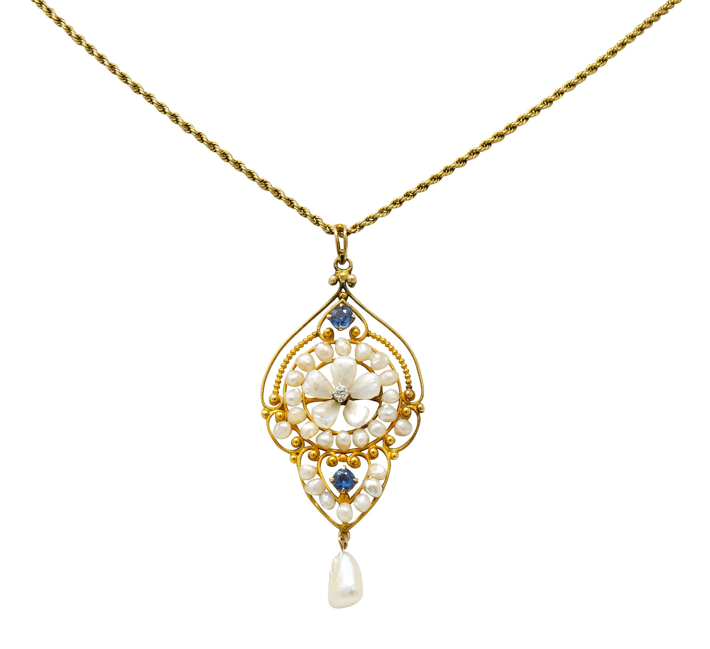 Victorian Pearl Sapphire Diamond 14 Karat Gold Floral Drop Pendant NecklaceNecklace - Wilson's Estate Jewelry