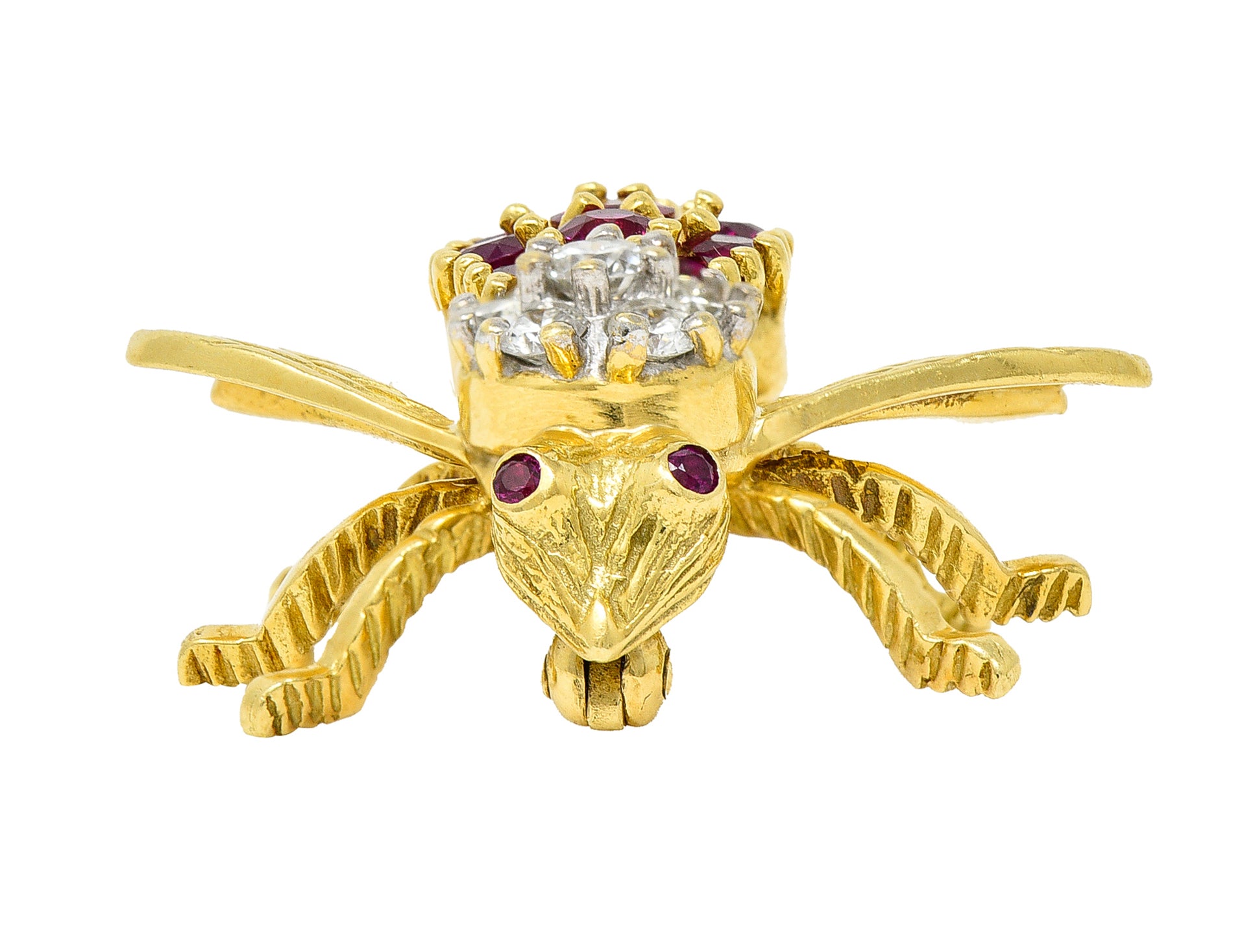 1960's Herbert Rosenthal 1.00 CTW Ruby Diamond 18 Karat Yellow Gold Vintage Bug Brooch Wilson's Estate Jewelry