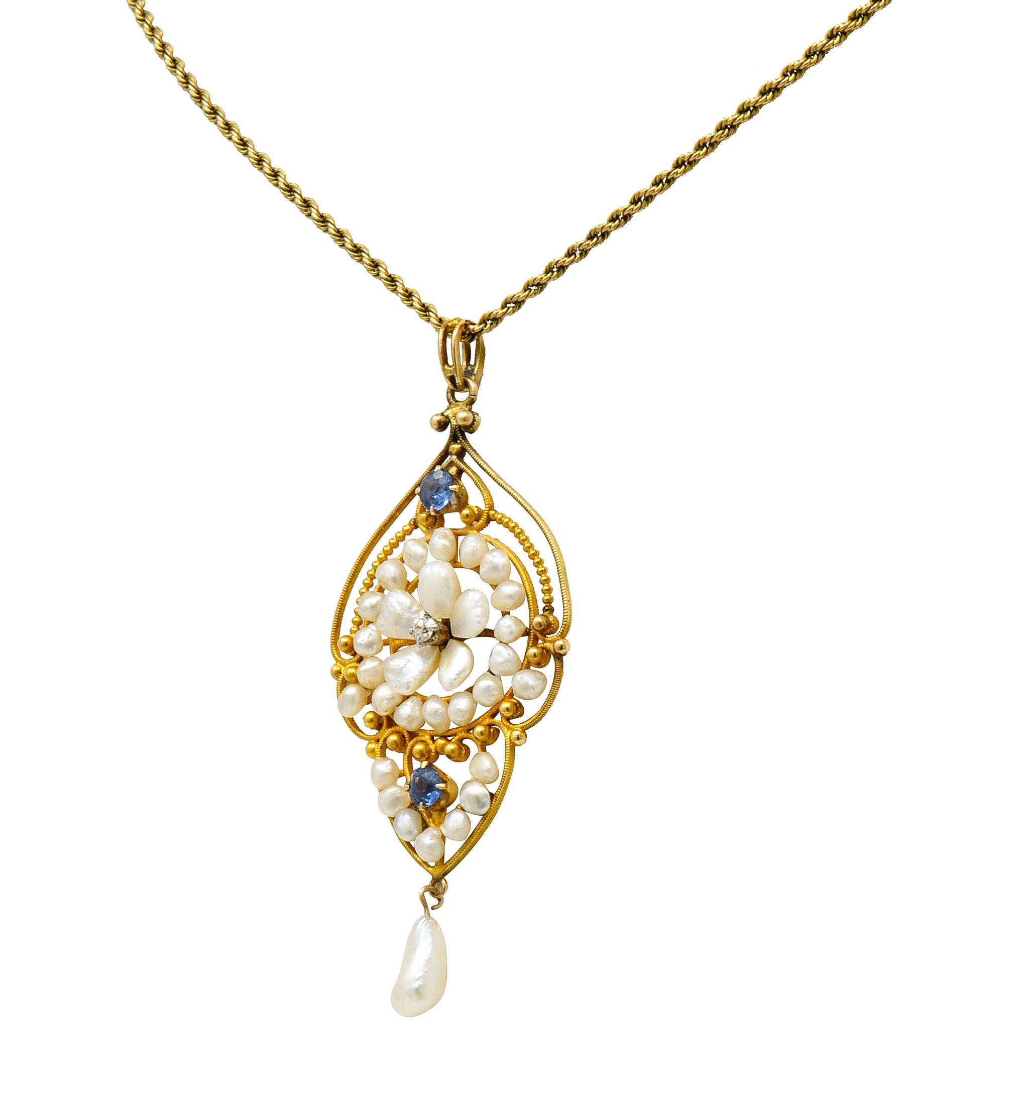 Victorian Pearl Sapphire Diamond 14 Karat Gold Floral Drop Pendant NecklaceNecklace - Wilson's Estate Jewelry