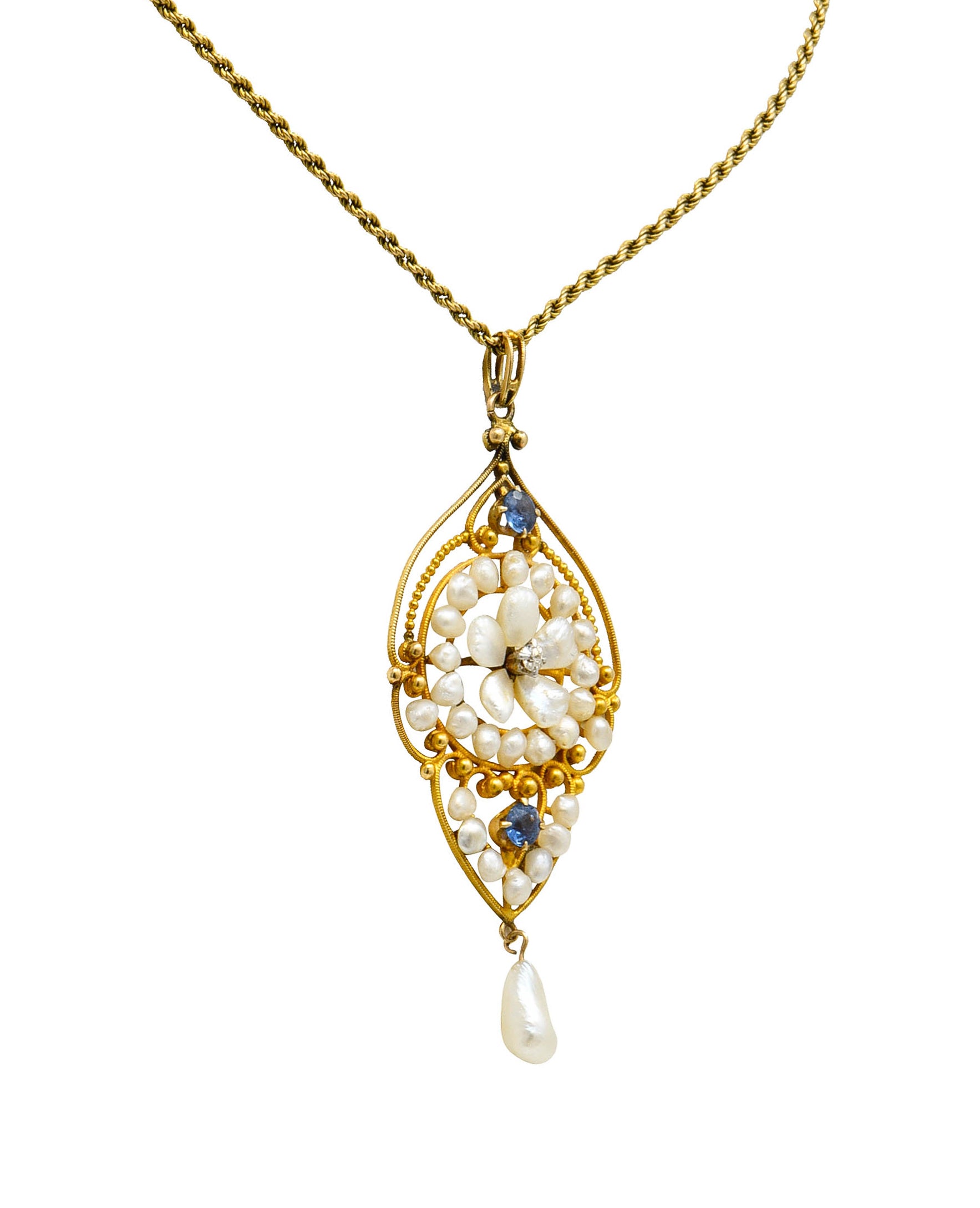 Victorian Pearl Sapphire Diamond 14 Karat Gold Floral Drop Pendant NecklaceNecklace - Wilson's Estate Jewelry