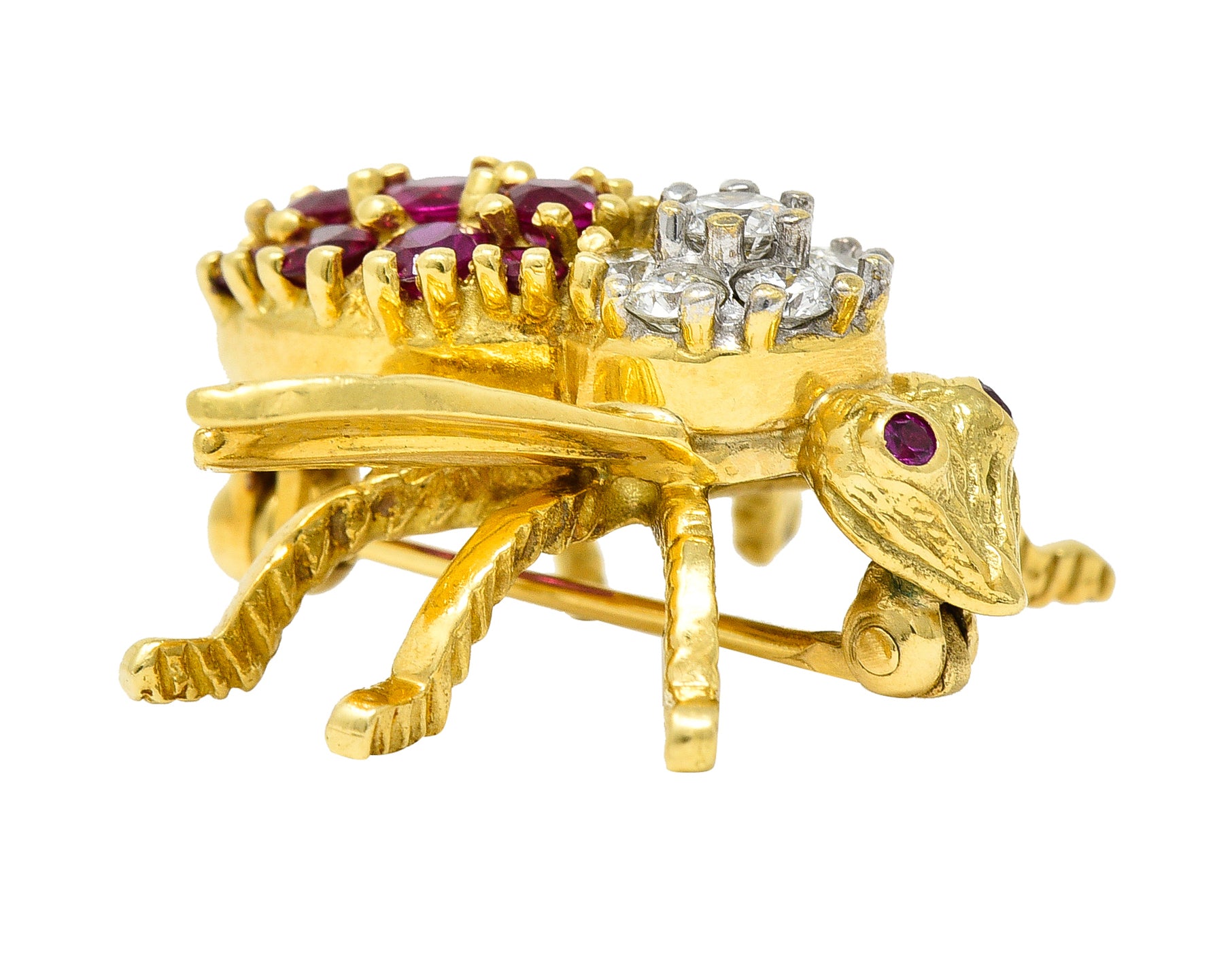 1960's Herbert Rosenthal 1.00 CTW Ruby Diamond 18 Karat Yellow Gold Vintage Bug Brooch Wilson's Estate Jewelry