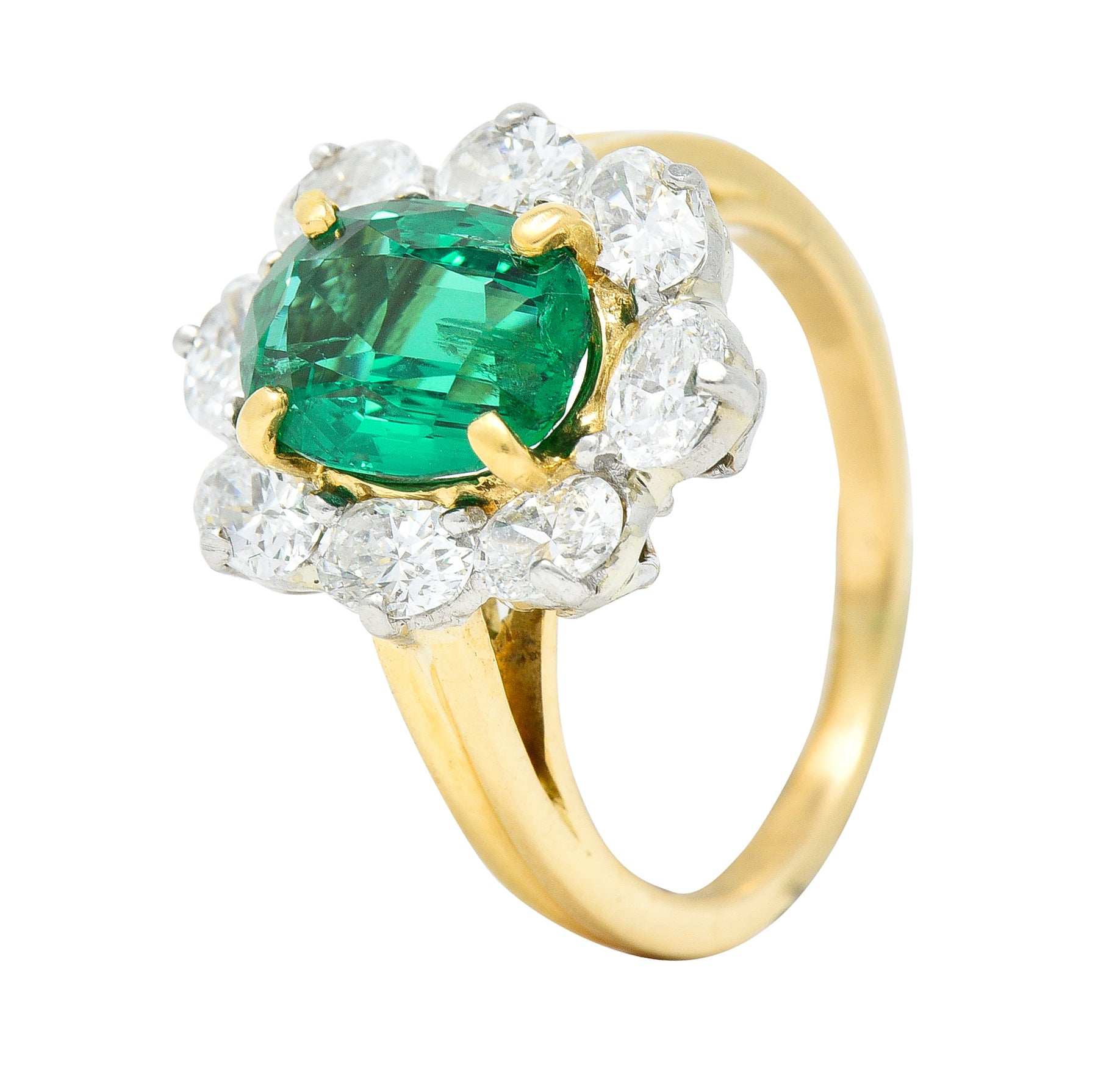 Vintage 2.96 CTW Emerald Oval Cut Diamond Platinum 18 Karat Yellow Gold Halo Ring GIA Wilson's Estate Jewelry