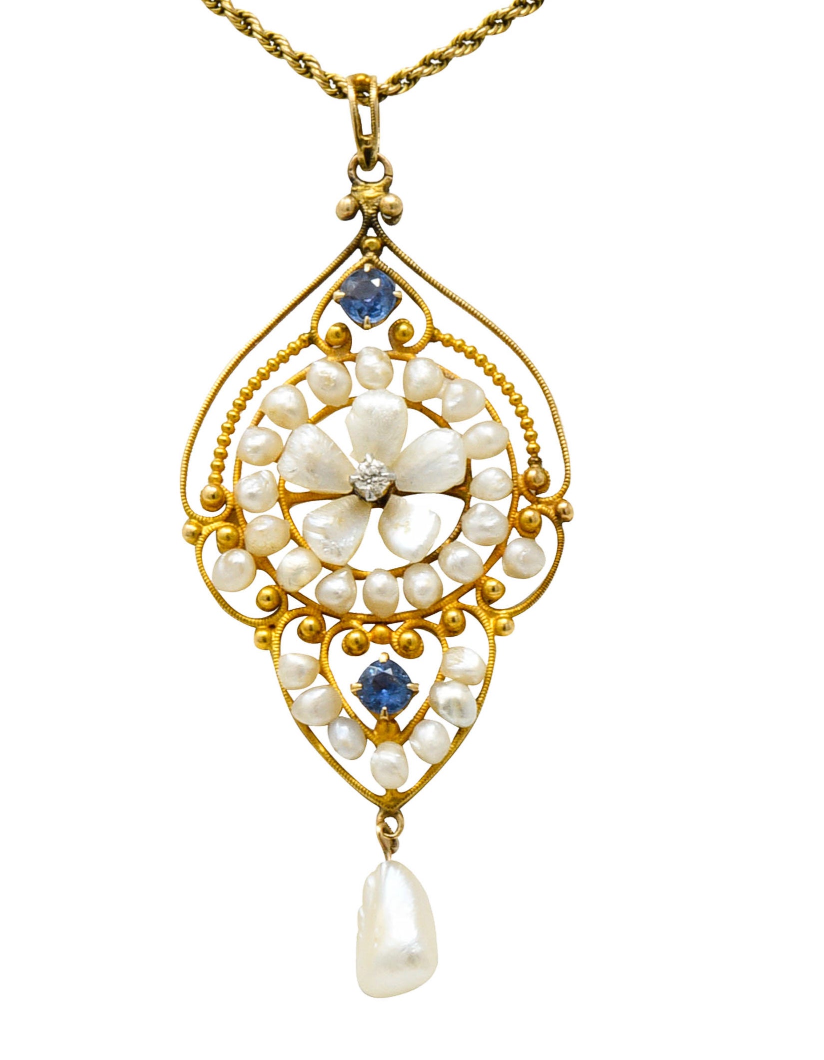 Victorian Pearl Sapphire Diamond 14 Karat Gold Floral Drop Pendant NecklaceNecklace - Wilson's Estate Jewelry