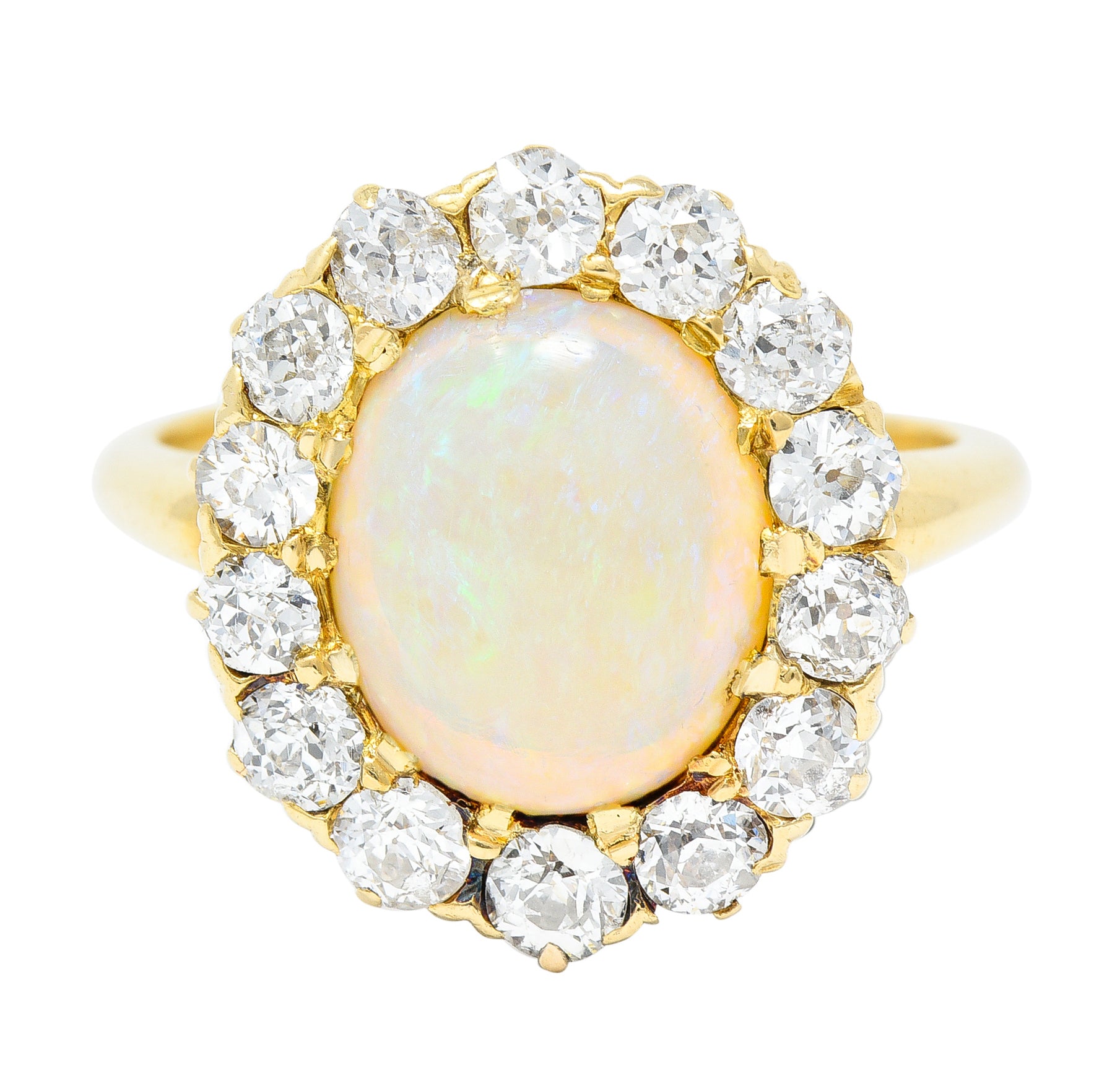 Victorian 1.89 CTW Opal Cabochon Old European & Mine Cut Diamond 18 Karat Yellow Gold Antique Halo Ring Wilson's Estate Jewelry