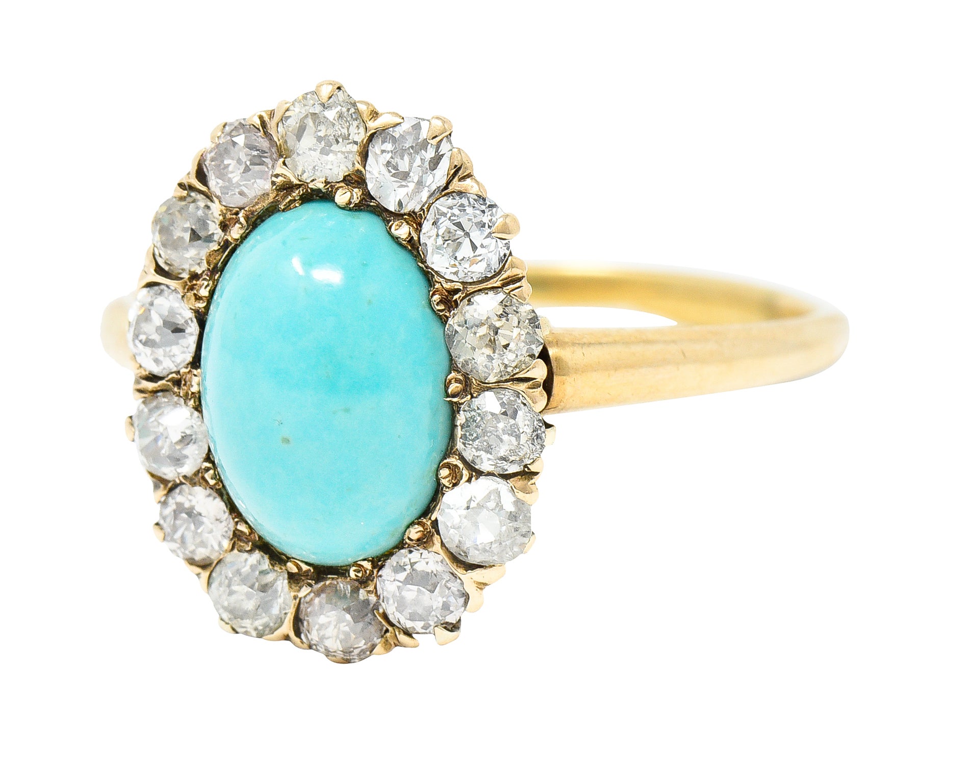 Victorian Turquoise Cabochon Old Mine  Cut Diamond 14 Karat Yellow Gold Halo Ring Wilson's Estate Jewelry