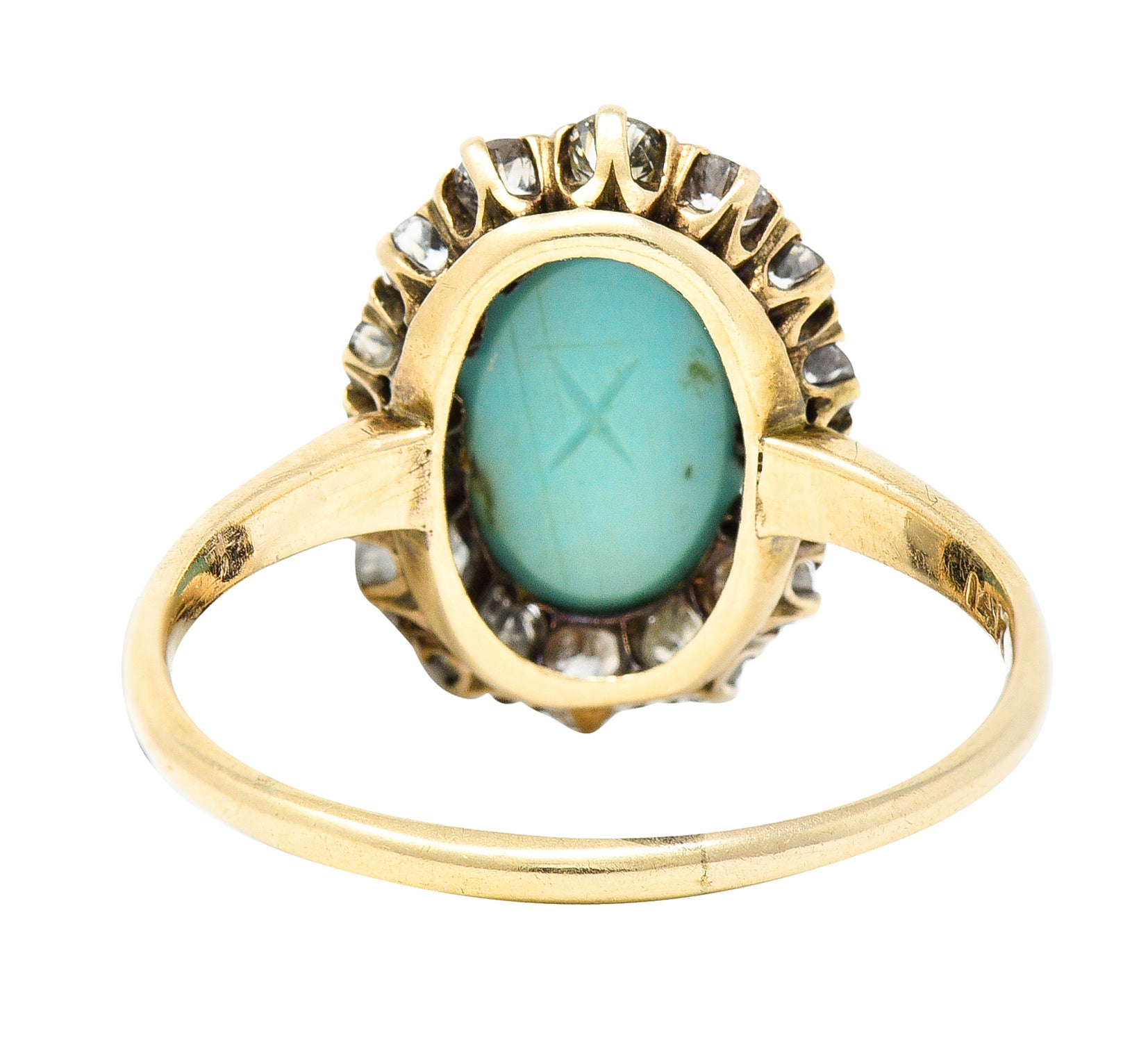 Victorian Turquoise Cabochon Old Mine  Cut Diamond 14 Karat Yellow Gold Halo Ring Wilson's Estate Jewelry